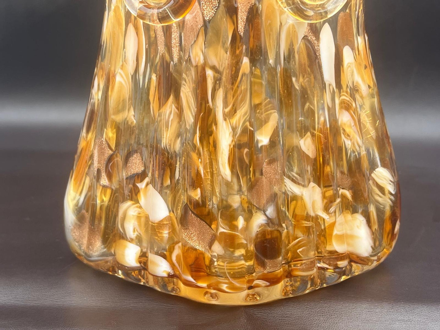 Vintage Murano Italy Hand Blown Glass Owl Vase Amber Brown Gold Glitter