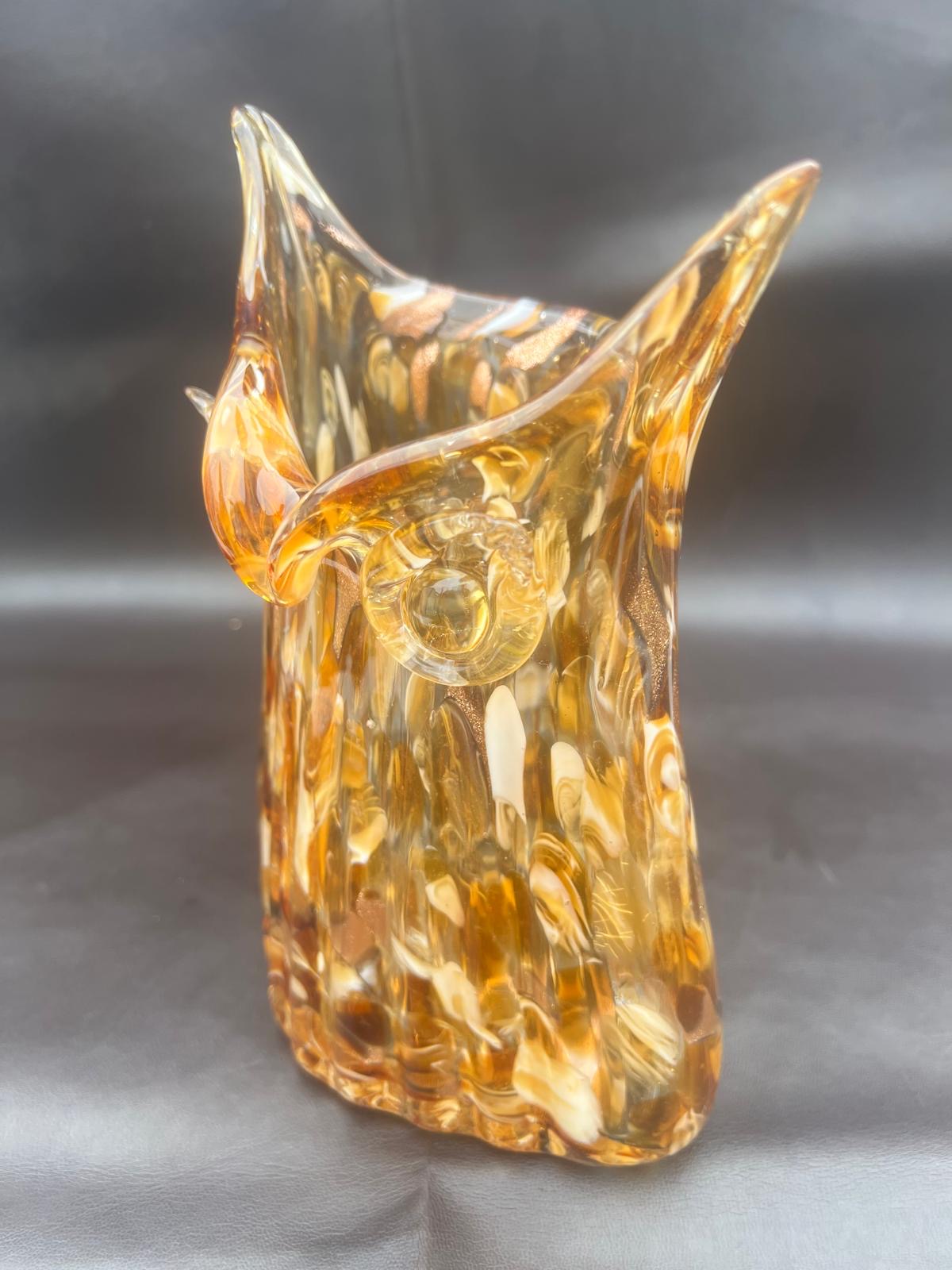 Vintage Murano Italy Hand Blown Glass Owl Vase Amber Brown Gold Glitter