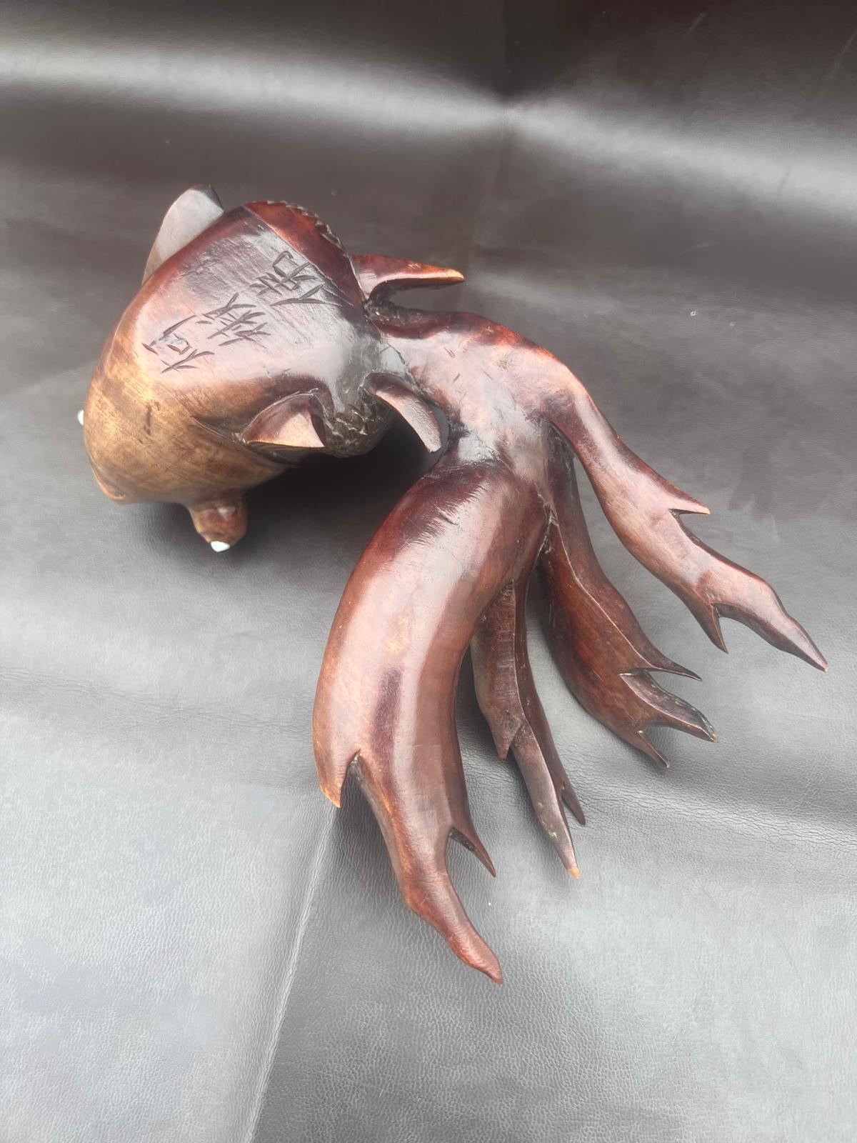 Stunning Pair of Rosewood Koi Carp Fish Ornaments with Glass Eyes Hand Carved