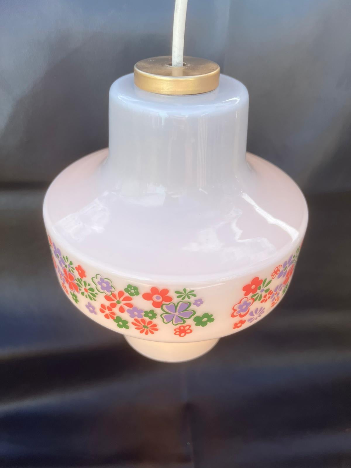 Vintage Retro Opaline Daisy Floral Design Glass Pendant Light Shade 1960’s