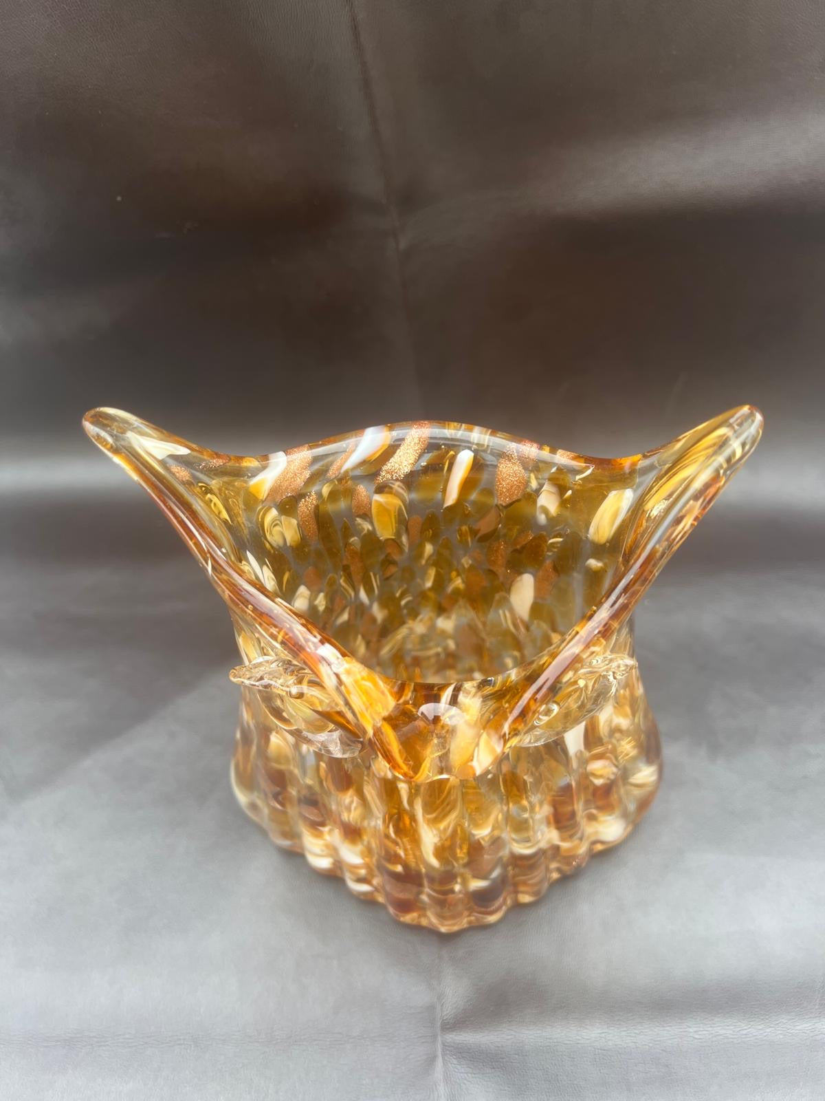 Vintage Murano Italy Hand Blown Glass Owl Vase Amber Brown Gold Glitter