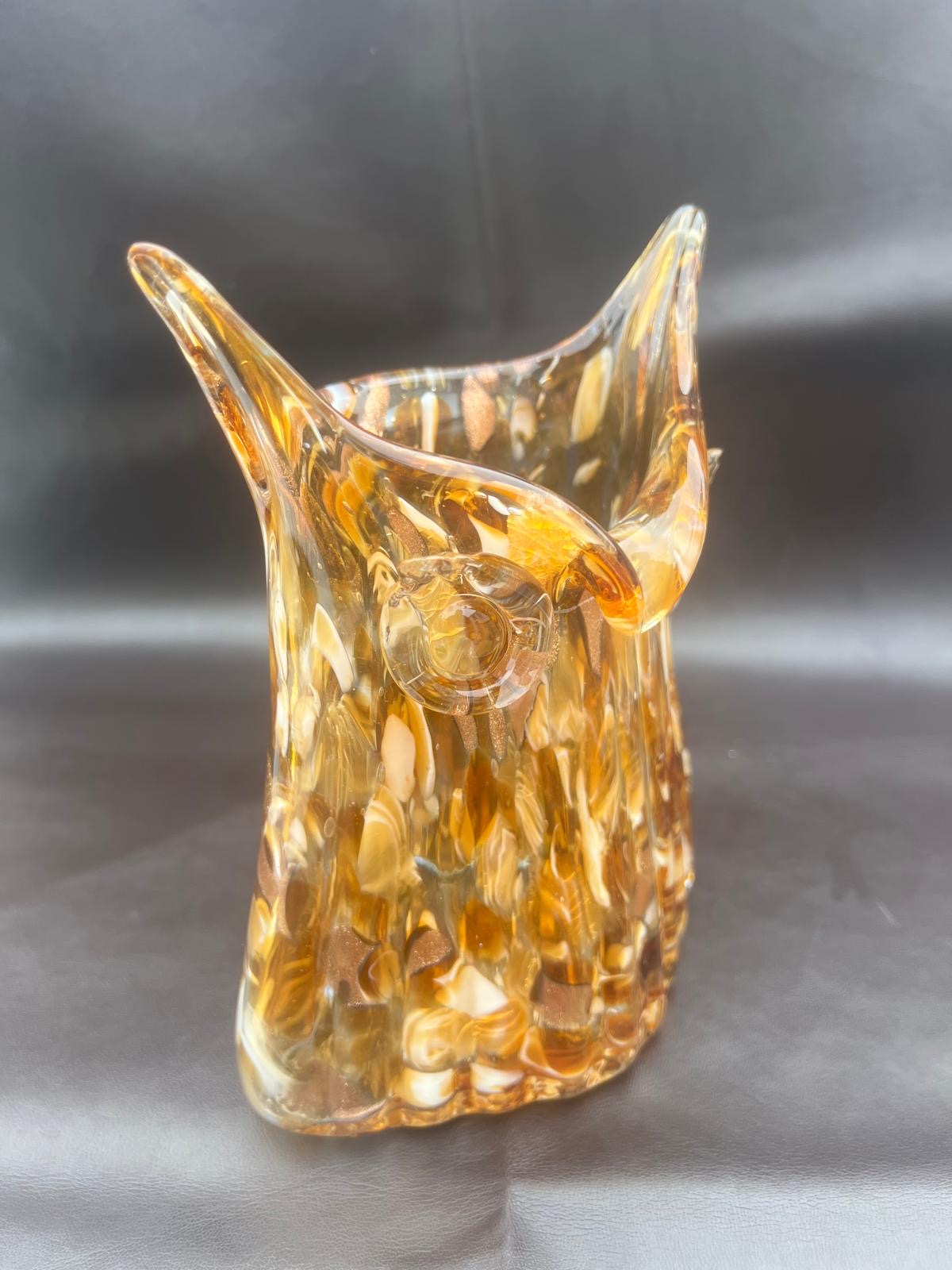Vintage Murano Italy Hand Blown Glass Owl Vase Amber Brown Gold Glitter