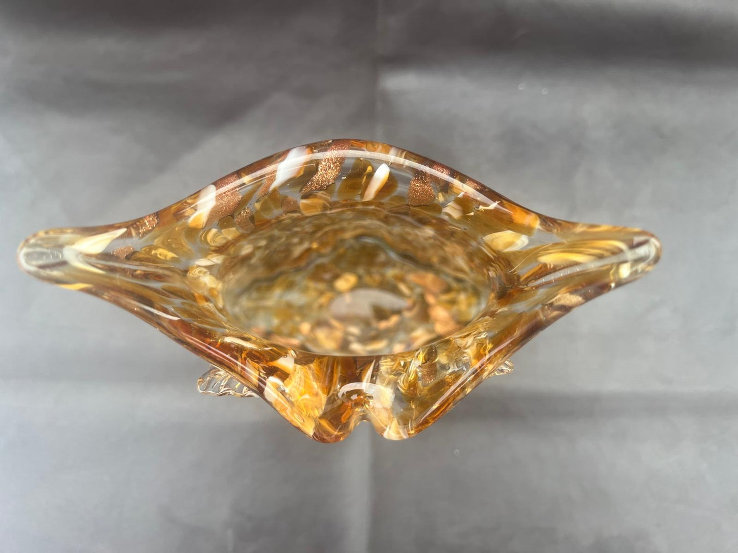 Vintage Murano Italy Hand Blown Glass Owl Vase Amber Brown Gold Glitter