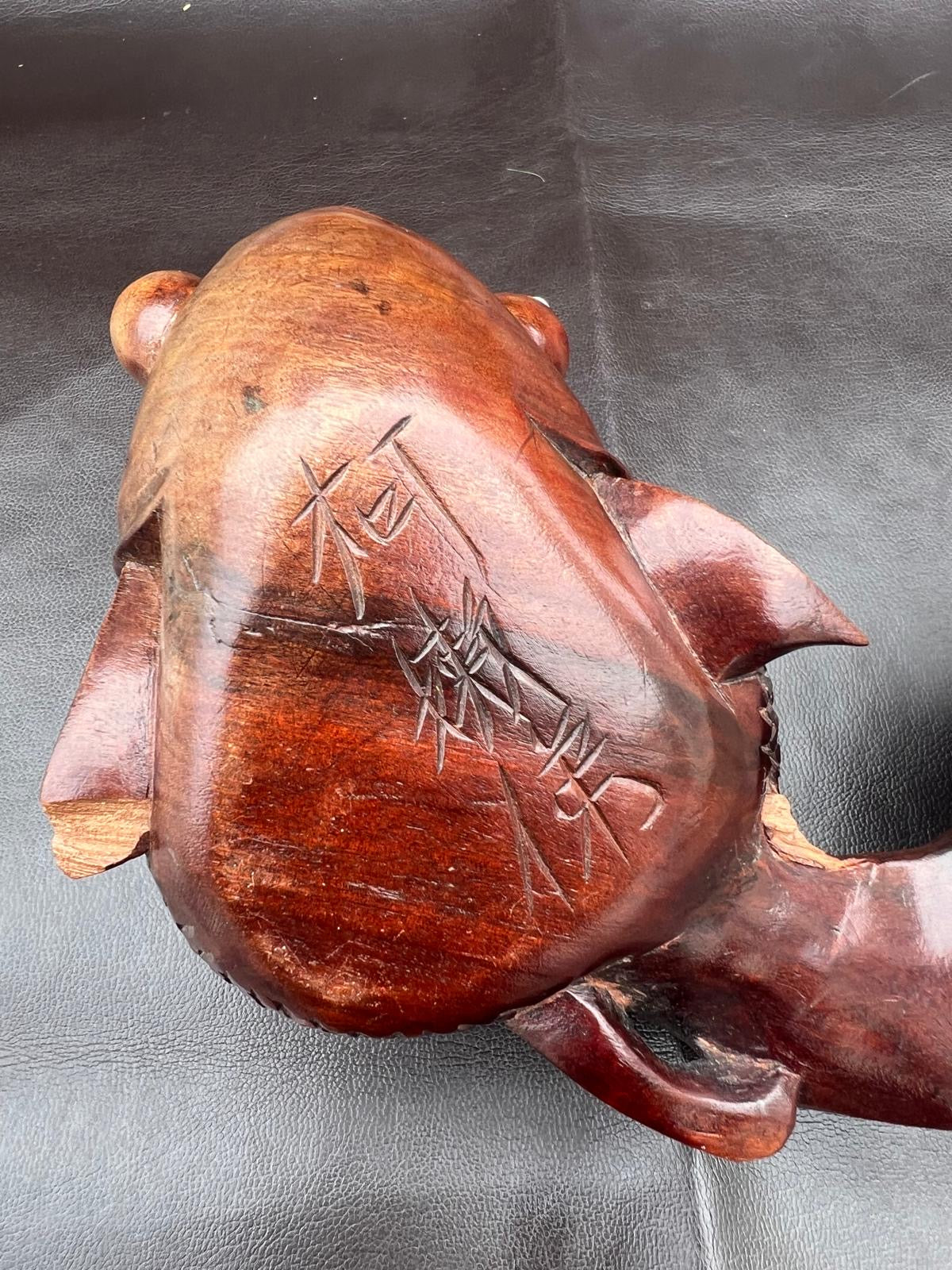 Stunning Pair of Rosewood Koi Carp Fish Ornaments with Glass Eyes Hand Carved