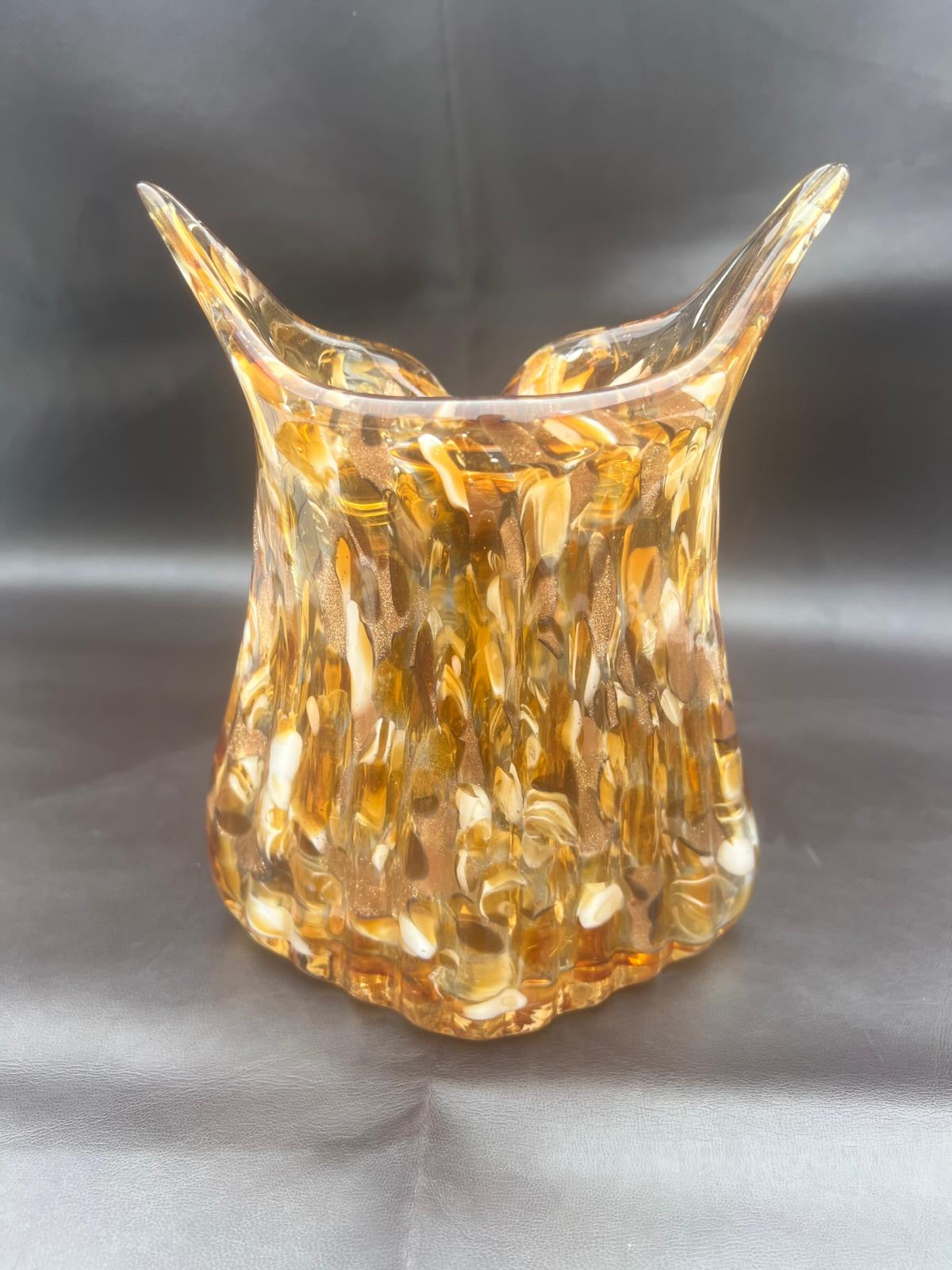 Vintage Murano Italy Hand Blown Glass Owl Vase Amber Brown Gold Glitter