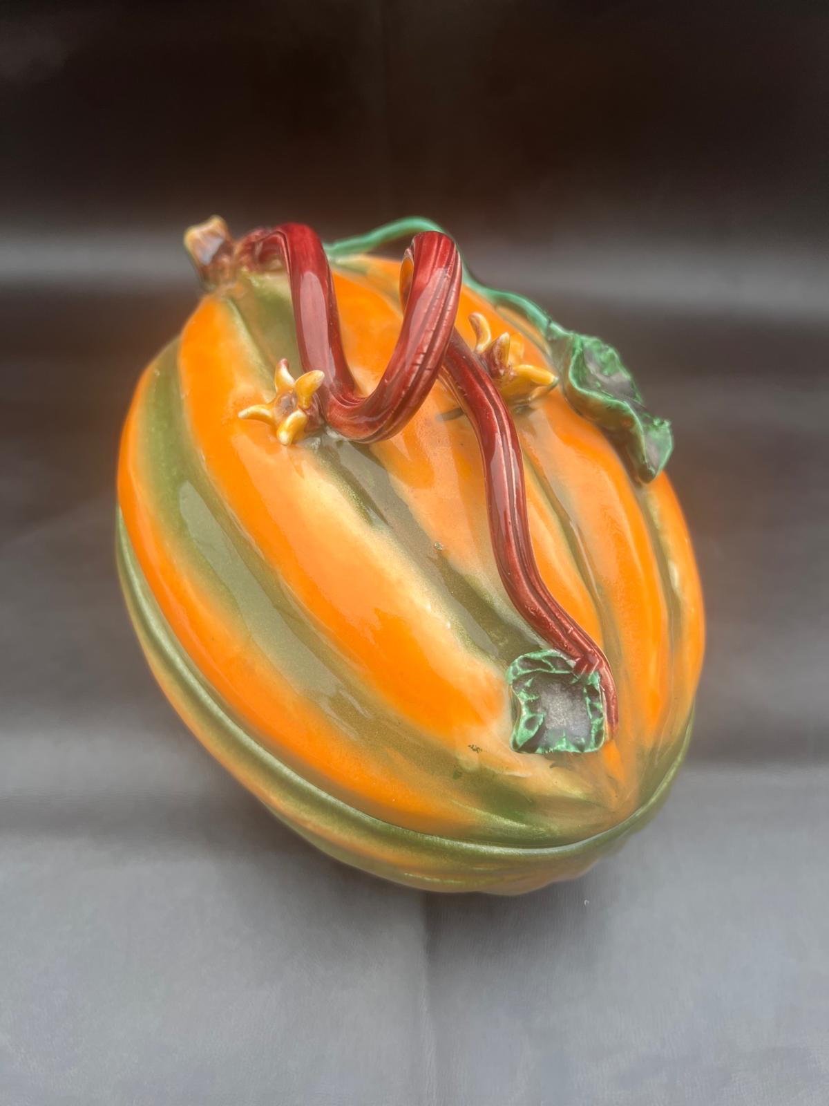 Vintage Ceramic Pumpkin Dish In Majolika Style Hand Painted Autumn Fall VGC