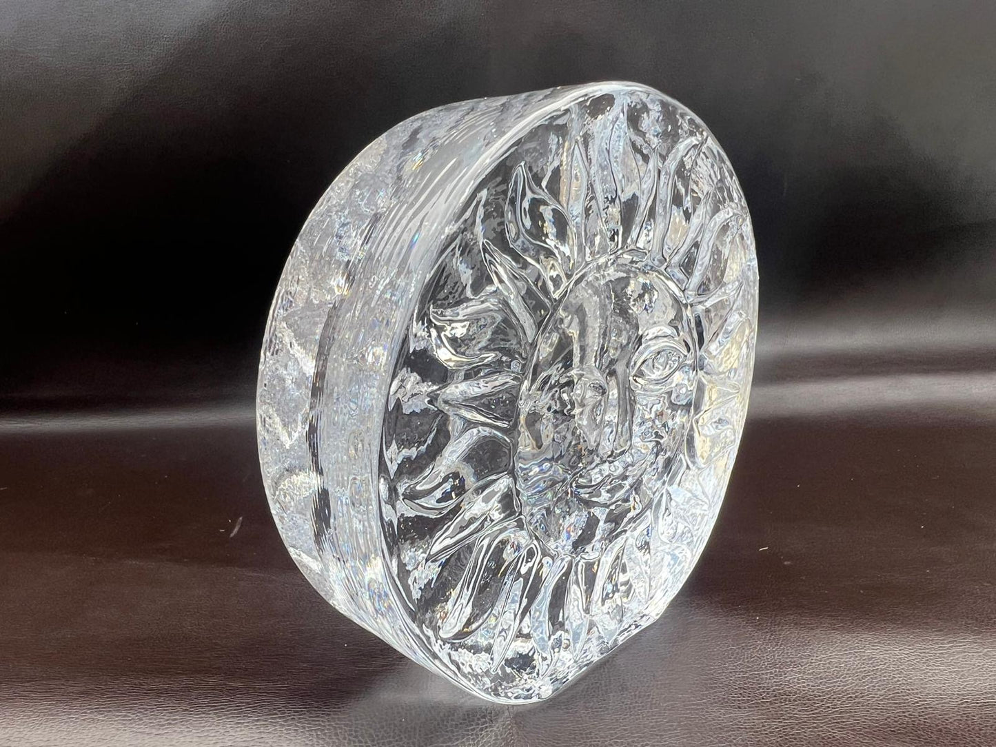 Vintage German Ingrid Glass Block Crystal Solifleur Smiling Sun Face Bud Vase