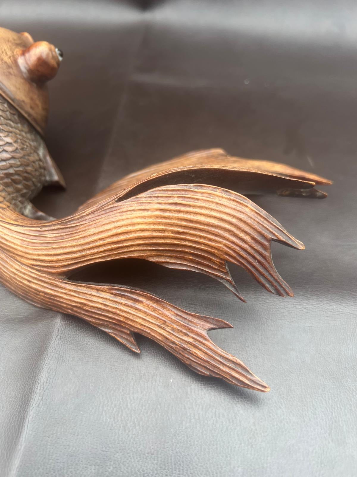 Stunning Pair of Rosewood Koi Carp Fish Ornaments with Glass Eyes Hand Carved