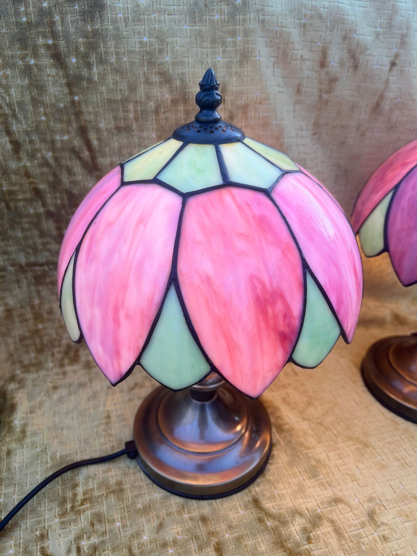 A Stunning Pair of Art Nouvea Tiffany Style Table Lamps Pink & Green