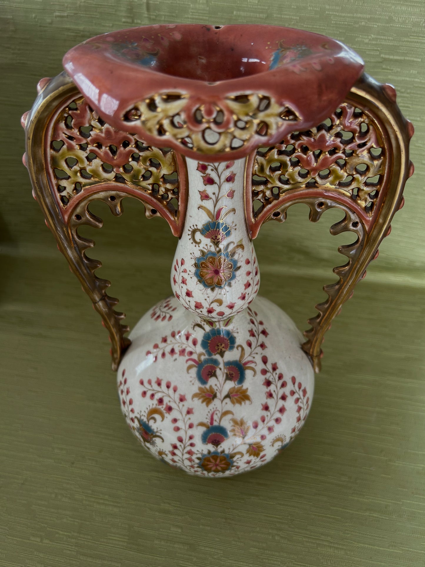 Fine Antique ZSOLNAY PECS Hungary Porcelain Twin Handled Persian Style Vase