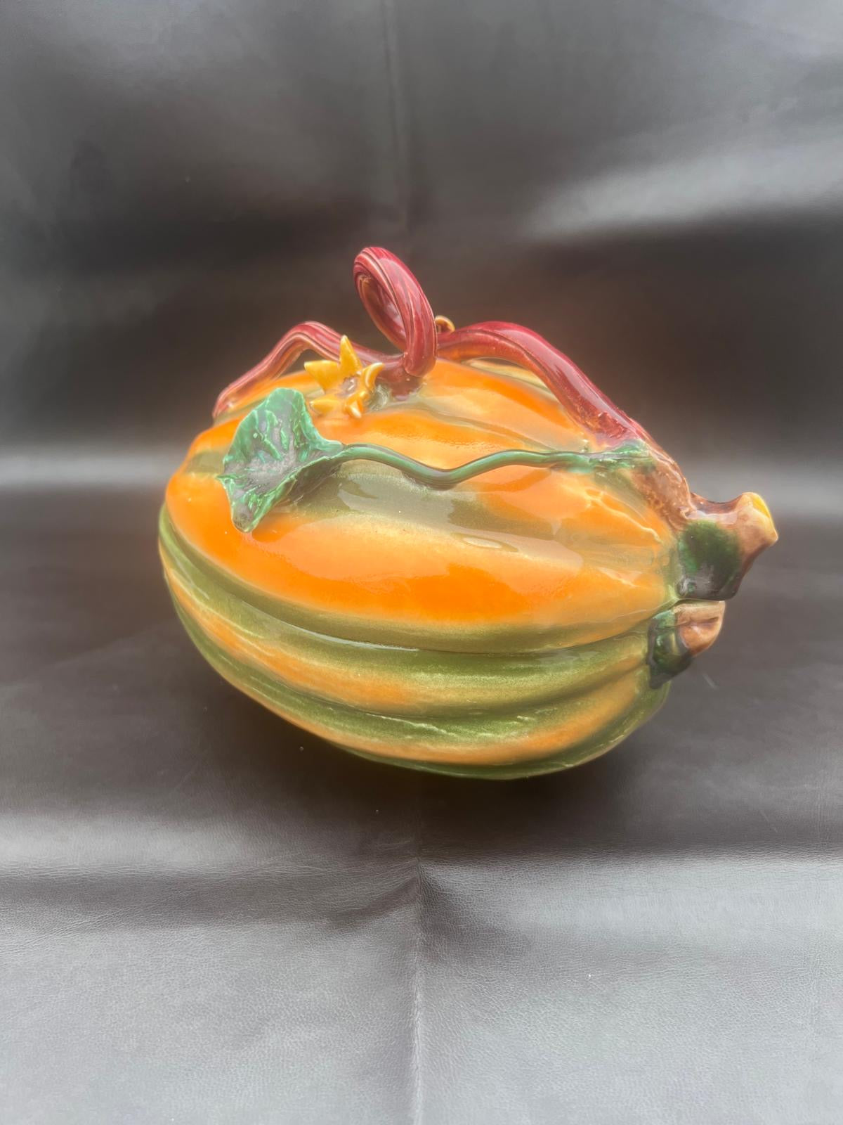 Vintage Ceramic Pumpkin Dish In Majolika Style Hand Painted Autumn Fall VGC