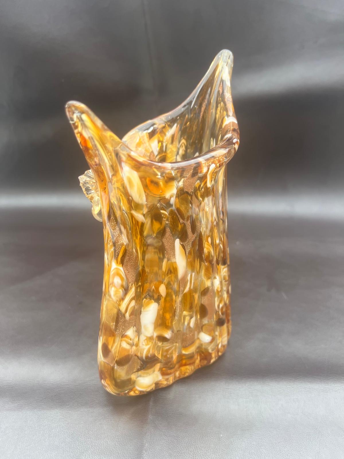 Vintage Murano Italy Hand Blown Glass Owl Vase Amber Brown Gold Glitter
