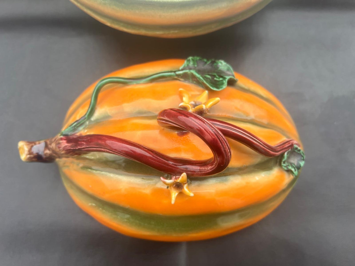 Vintage Ceramic Pumpkin Dish In Majolika Style Hand Painted Autumn Fall VGC
