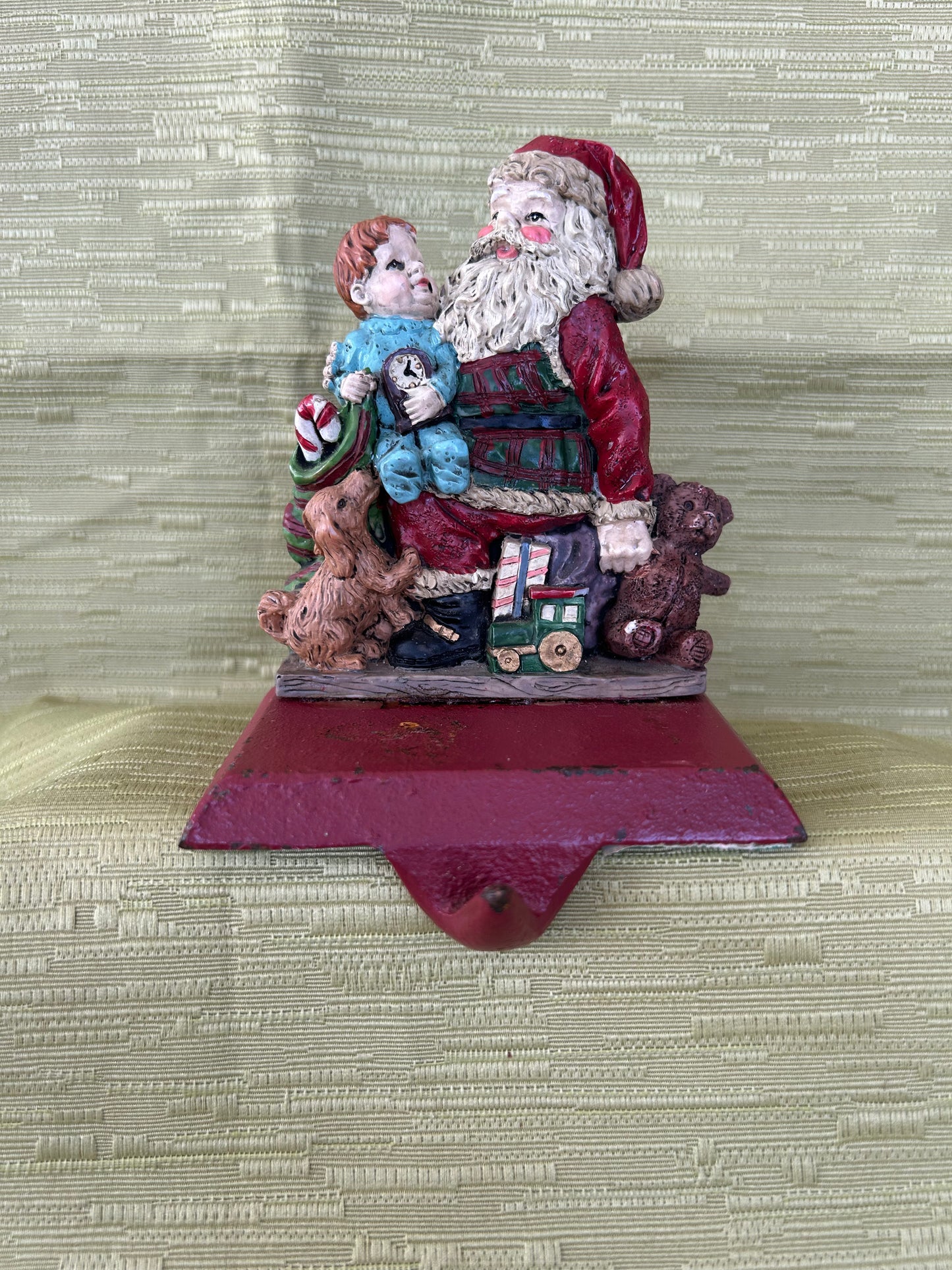 Vintage Cast Iron Base Christmas Fireplace Stocking Holder Father Christmas & Child
