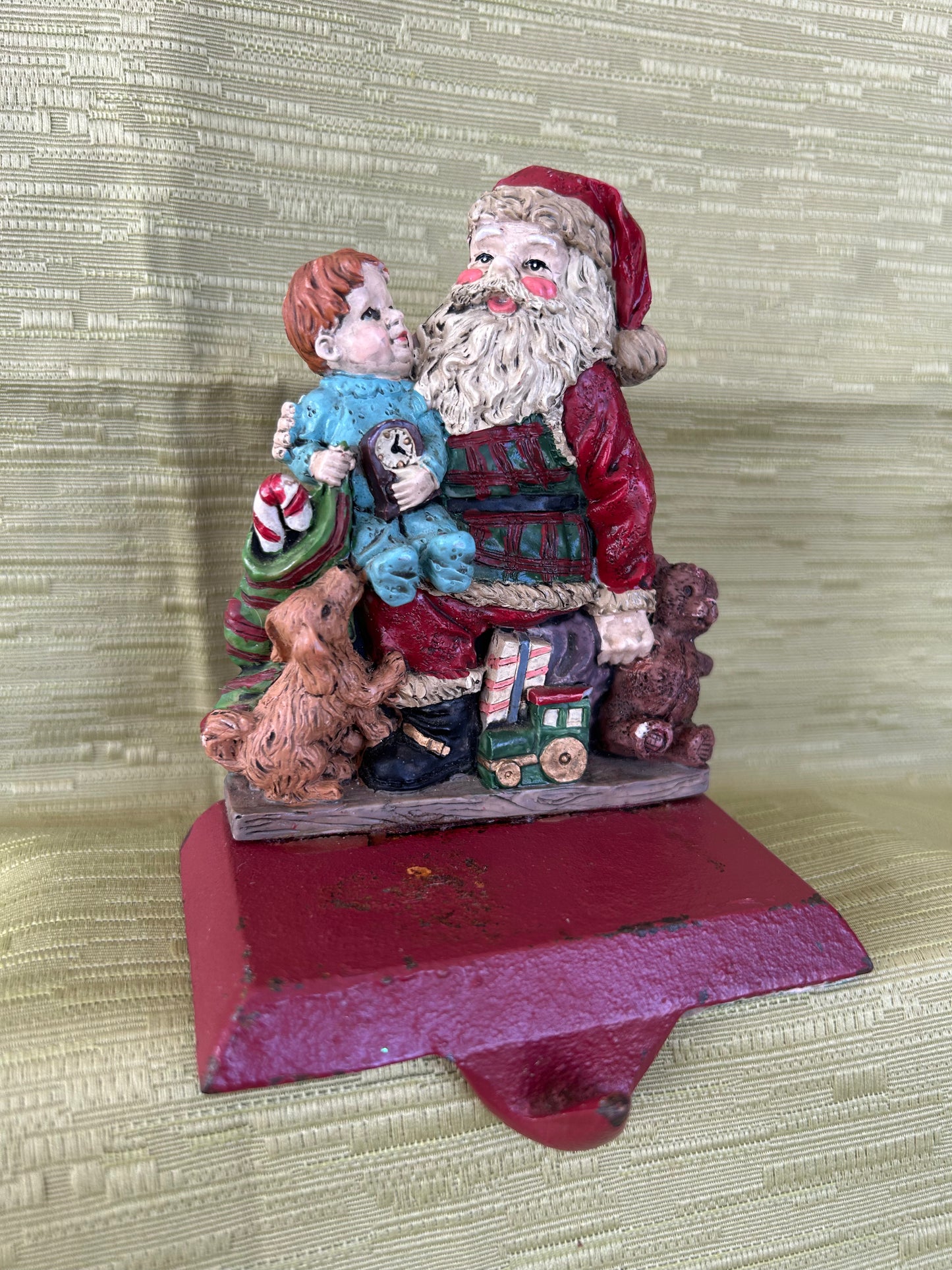 Vintage Cast Iron Base Christmas Fireplace Stocking Holder Father Christmas & Child