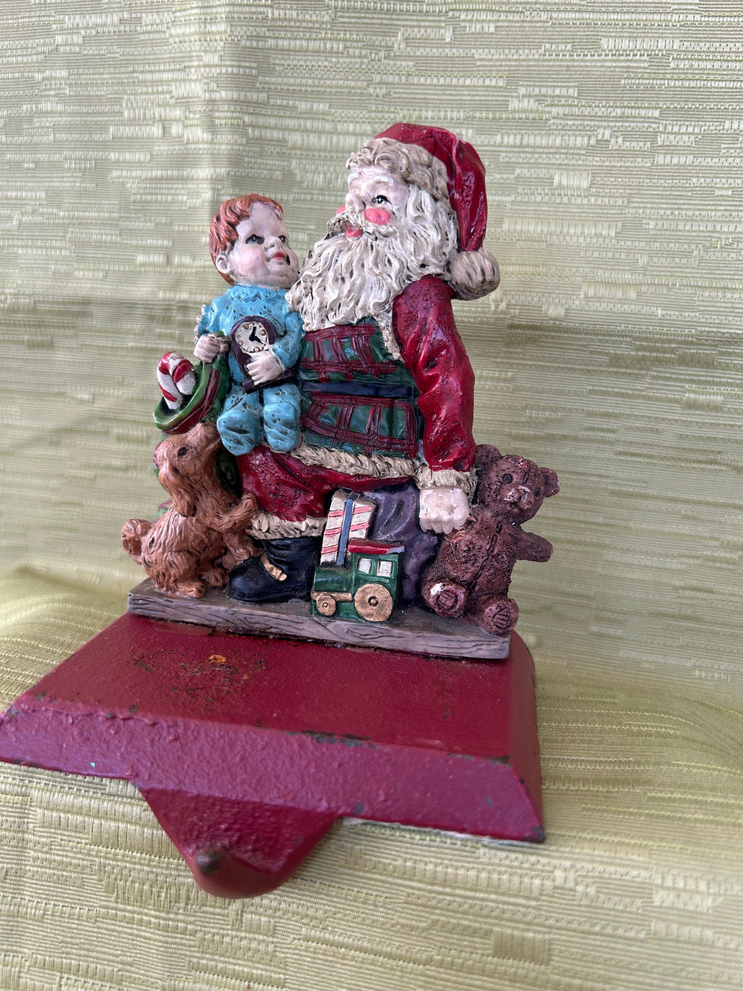 Vintage Cast Iron Base Christmas Fireplace Stocking Holder Father Christmas & Child
