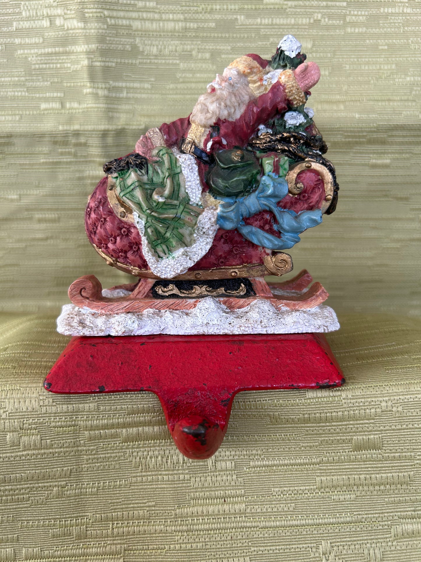 Vintage Cast Iron Base Christmas Fireplace Stocking Holder Father Riding His Sleigh