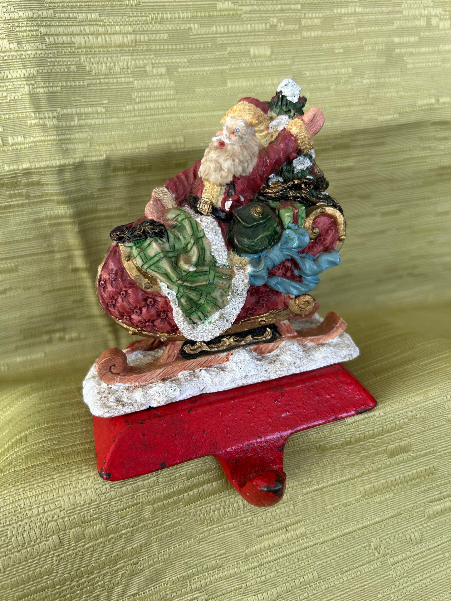 Vintage Cast Iron Base Christmas Fireplace Stocking Holder Father Riding His Sleigh