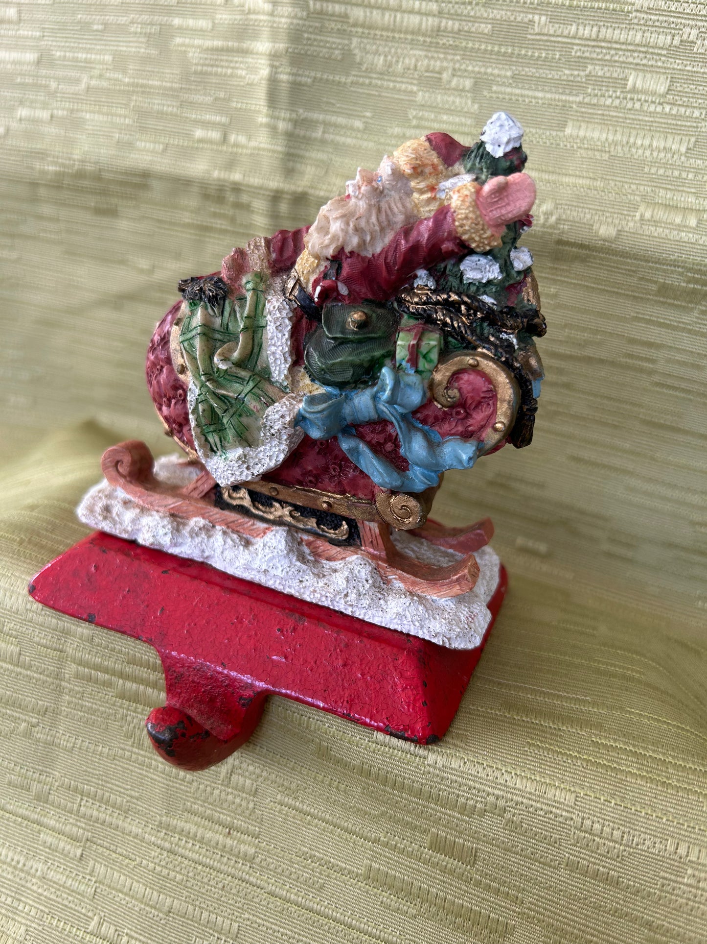 Vintage Cast Iron Base Christmas Fireplace Stocking Holder Father Riding His Sleigh