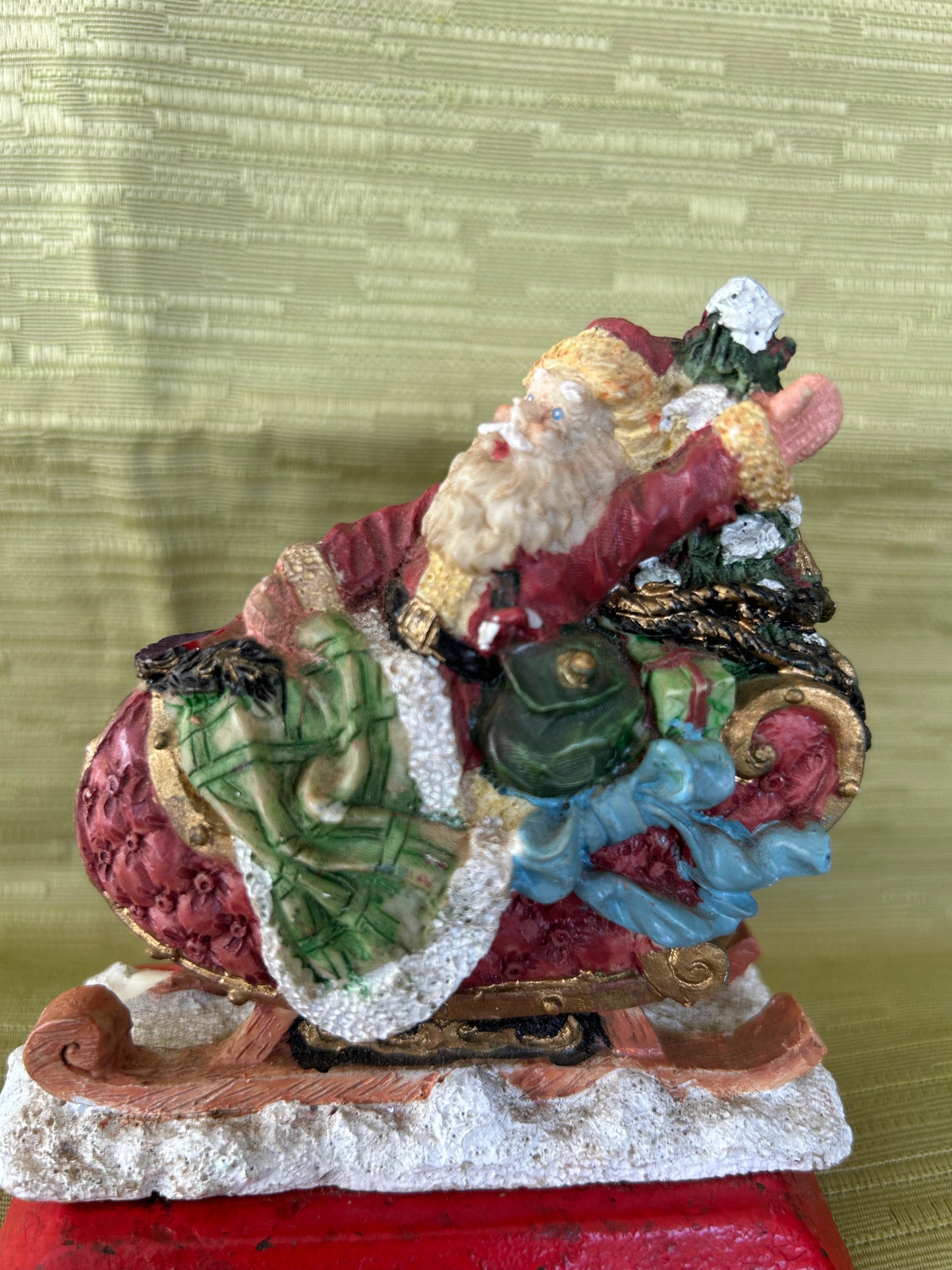 Vintage Cast Iron Base Christmas Fireplace Stocking Holder Father Riding His Sleigh