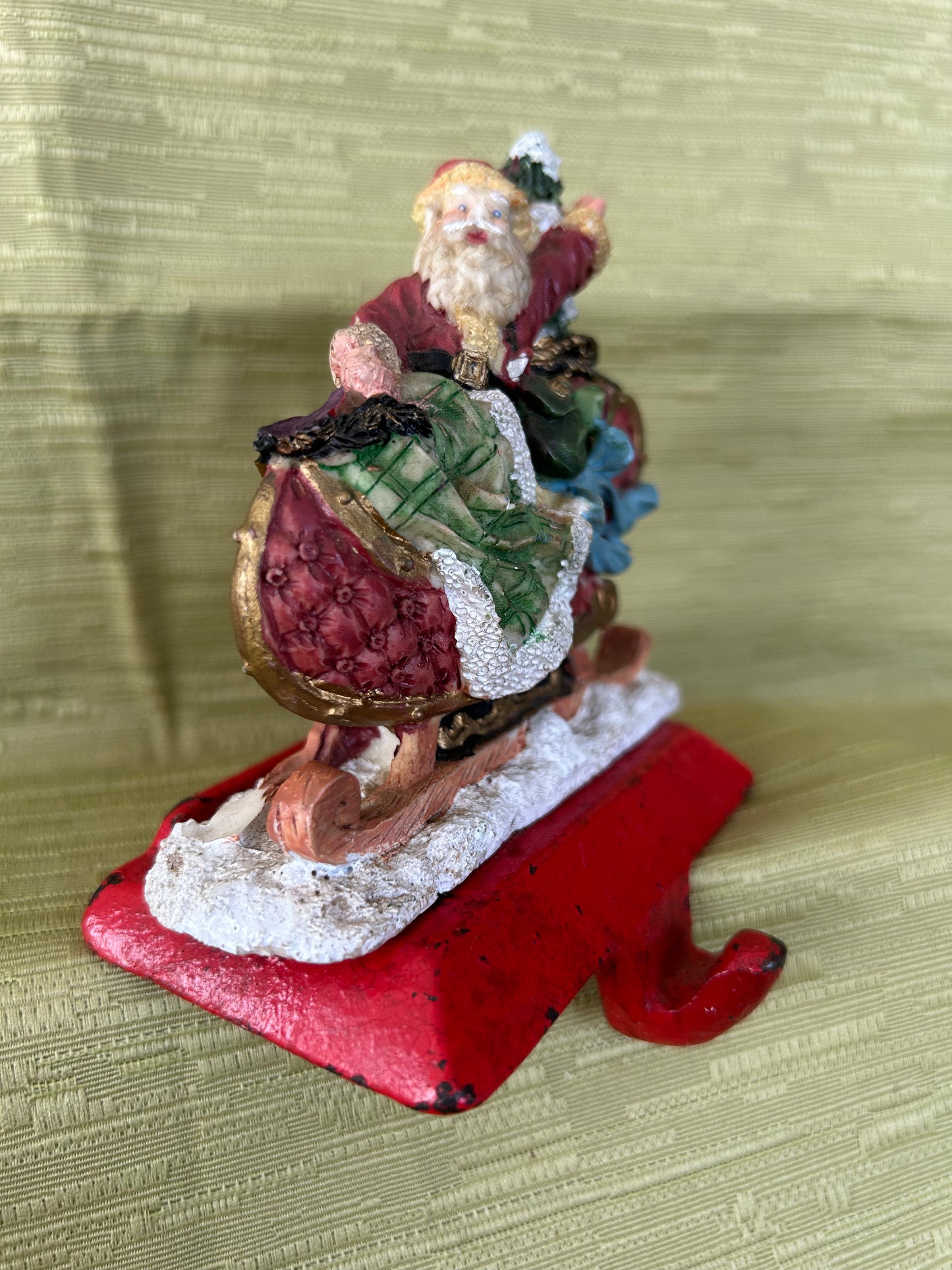 Vintage Cast Iron Base Christmas Fireplace Stocking Holder Father Riding His Sleigh