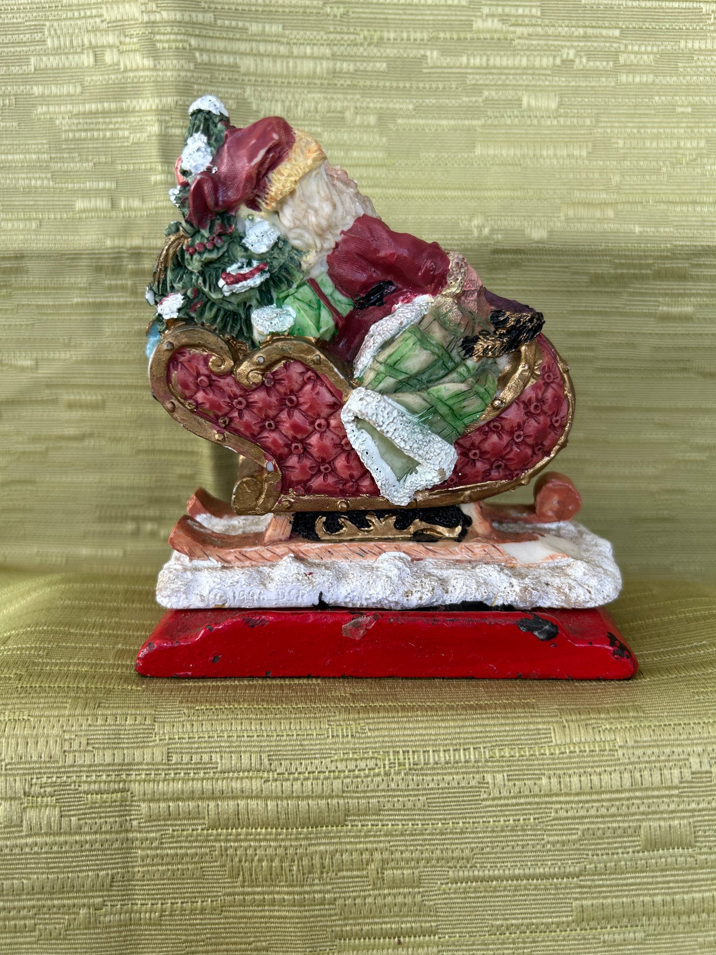 Vintage Cast Iron Base Christmas Fireplace Stocking Holder Father Riding His Sleigh