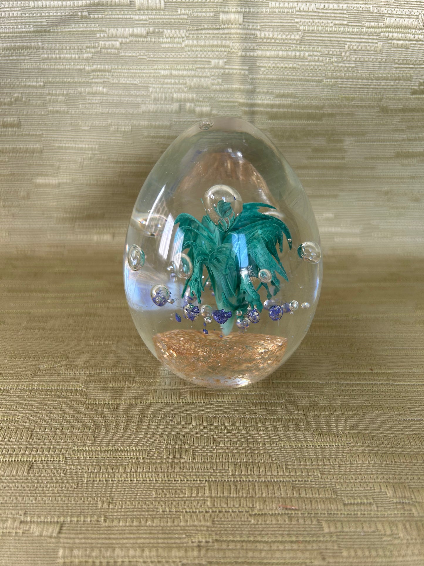Vintage Glass Egg Shaped Paperweight with Gold Palm Tree