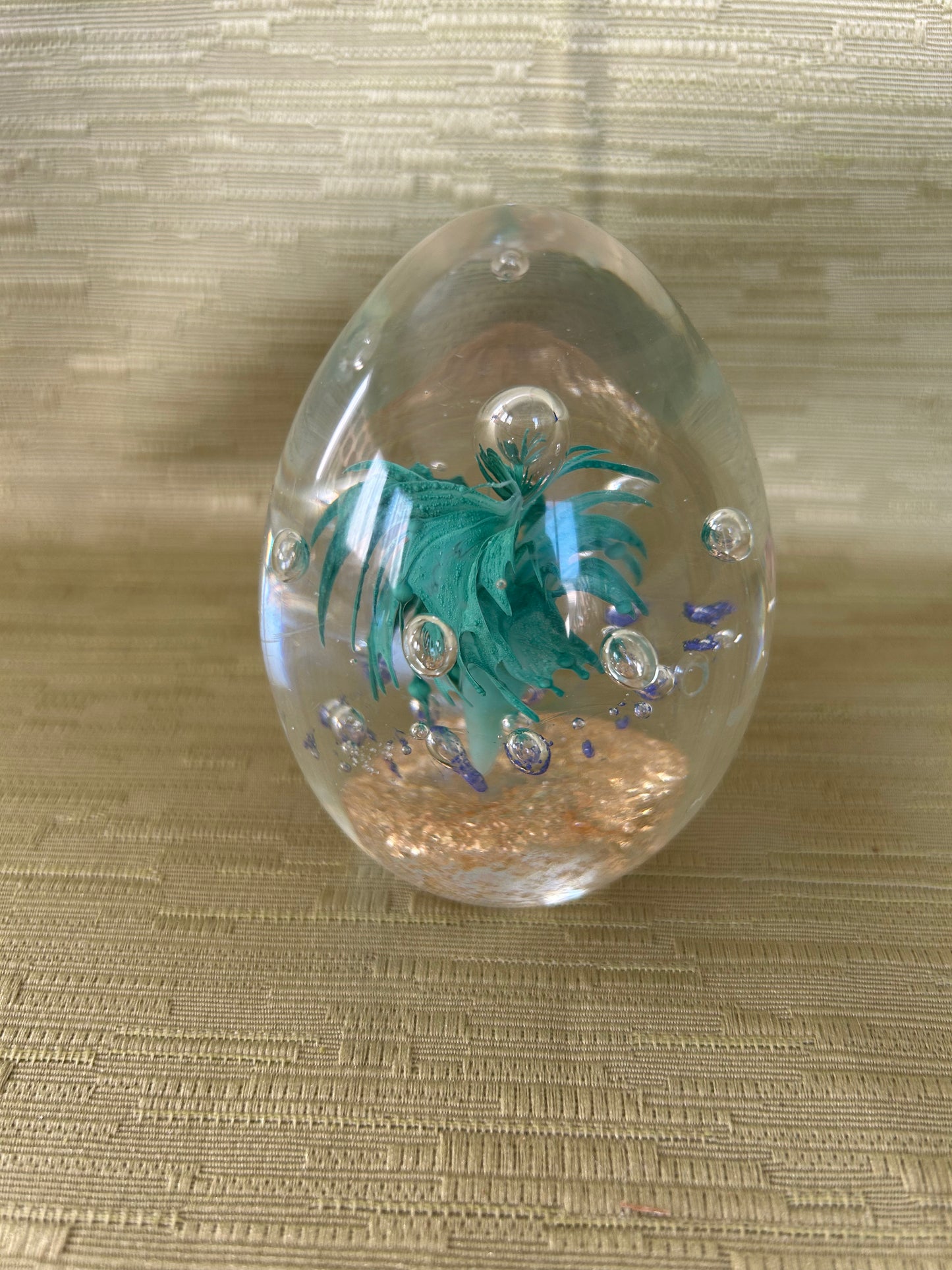 Vintage Glass Egg Shaped Paperweight with Gold Palm Tree
