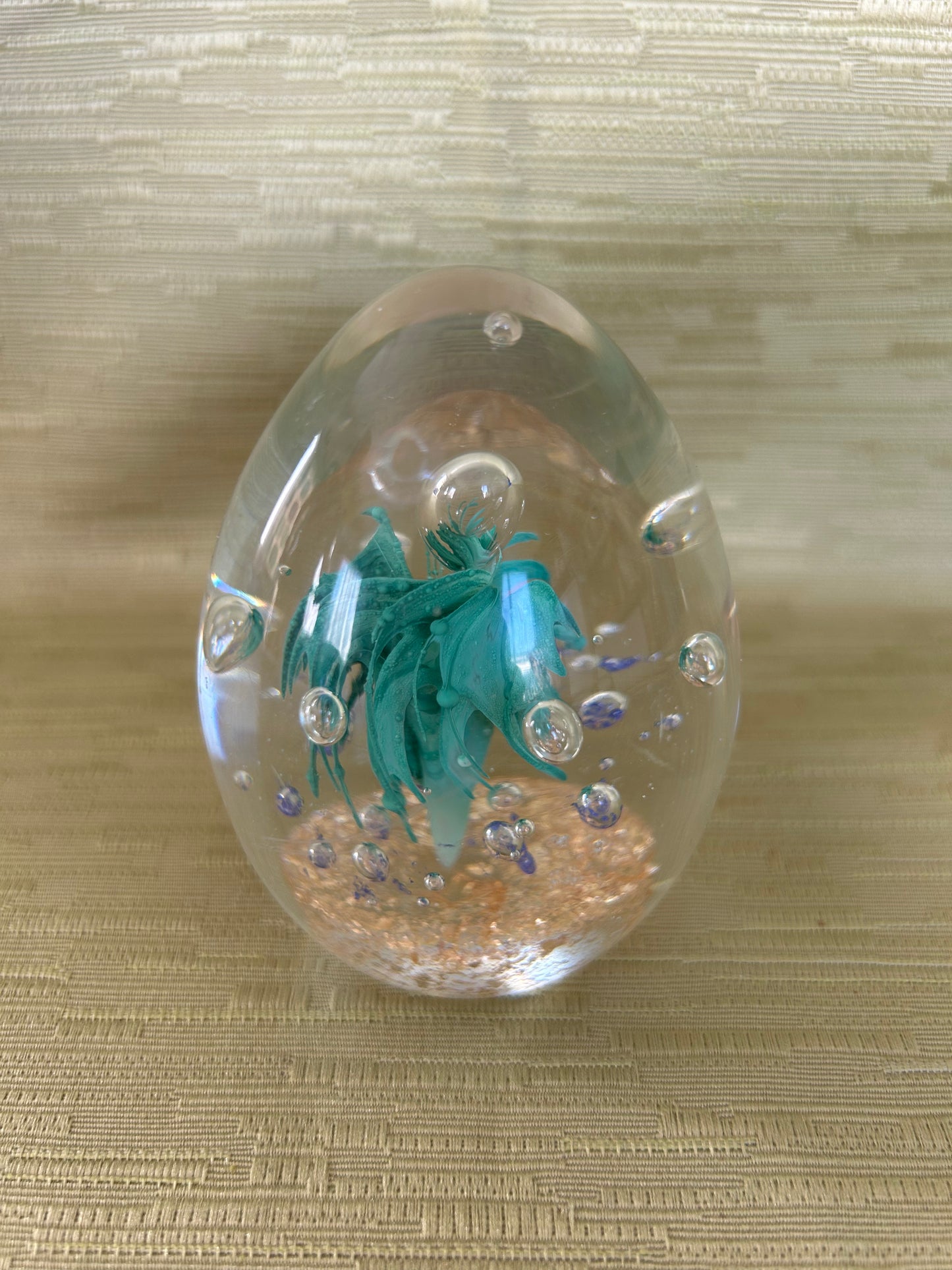 Vintage Glass Egg Shaped Paperweight with Gold Palm Tree