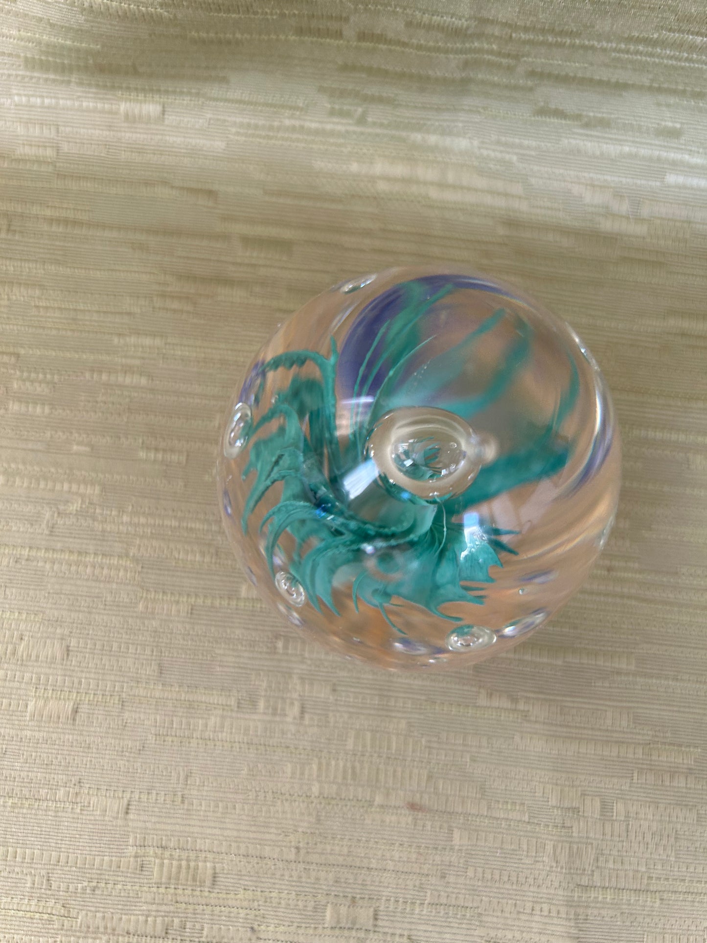 Vintage Glass Egg Shaped Paperweight with Gold Palm Tree