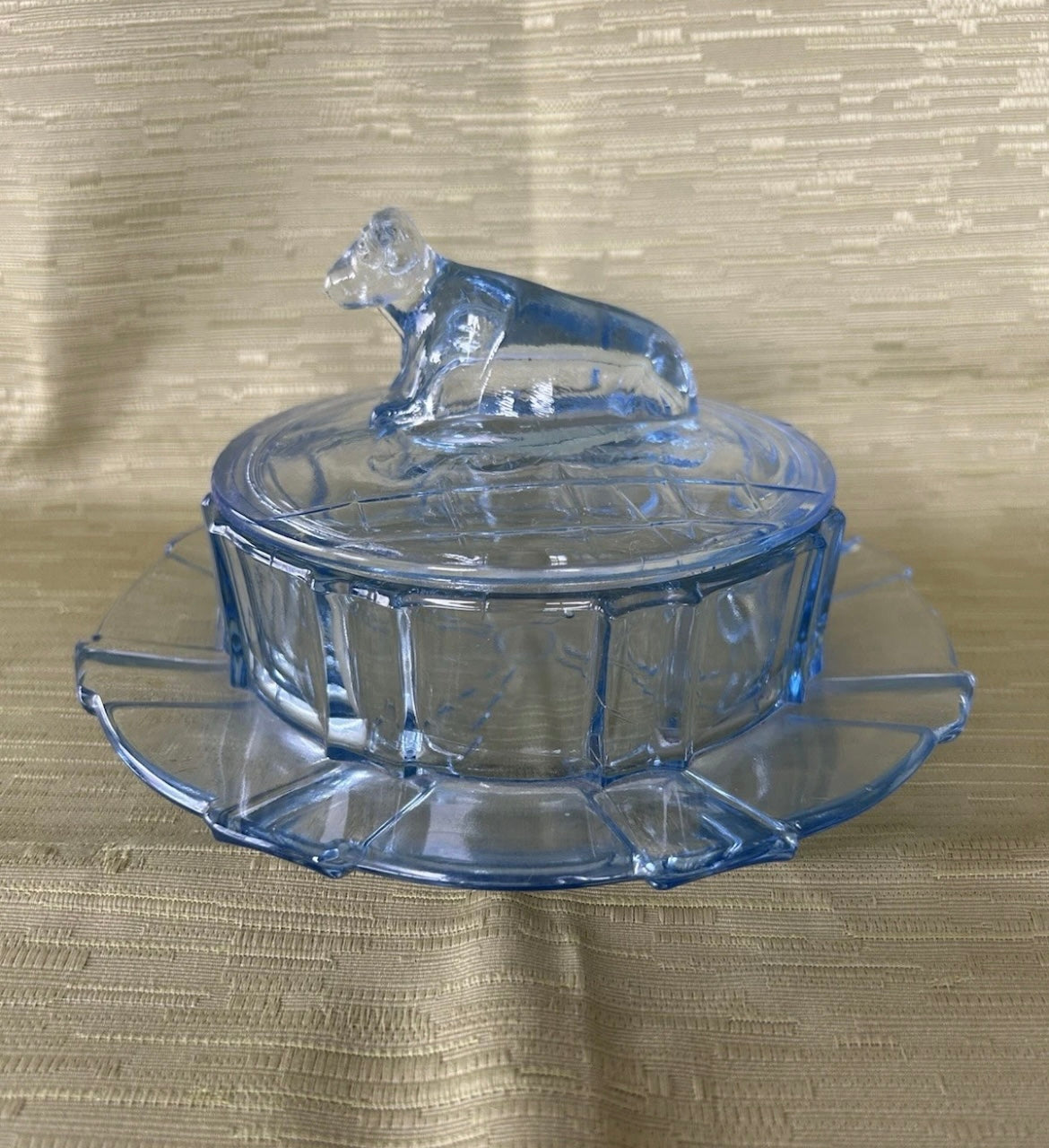 Rare Blue Glass Round Butter Dish Cow 1930’s Art Deco by Stolze Heřmanova Hut