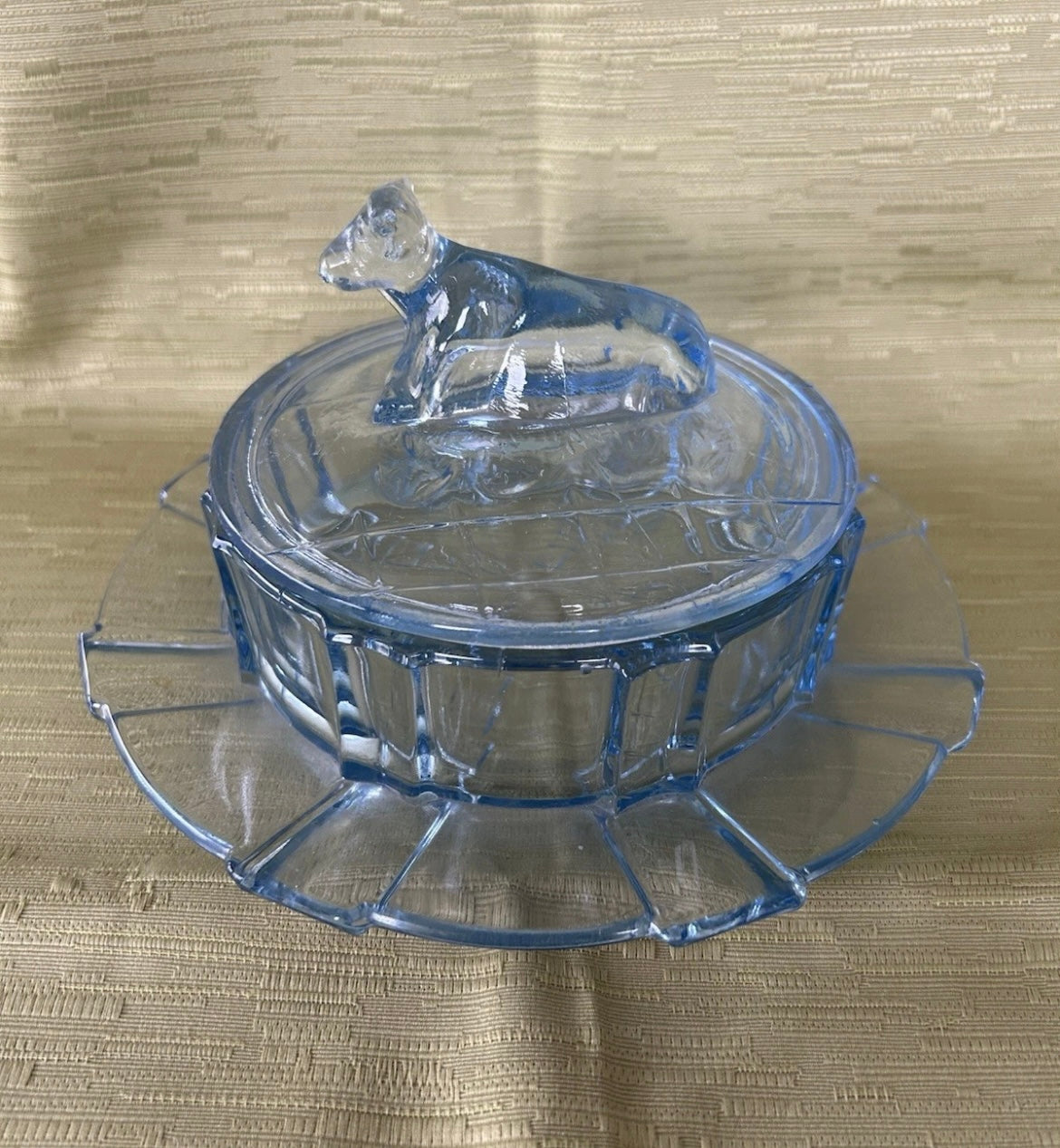 Rare Blue Glass Round Butter Dish Cow 1930’s Art Deco by Stolze Heřmanova Hut