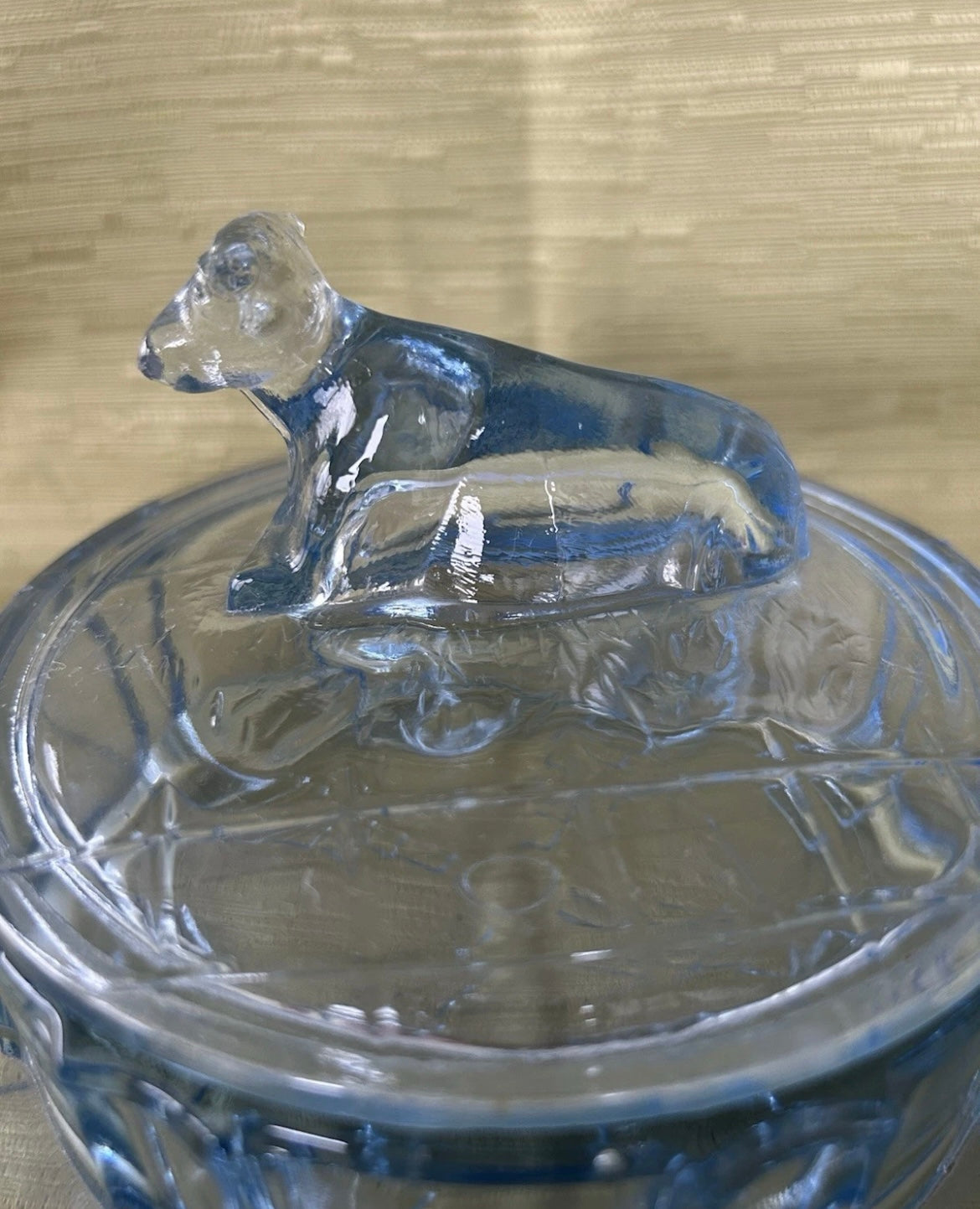 Rare Blue Glass Round Butter Dish Cow 1930’s Art Deco by Stolze Heřmanova Hut