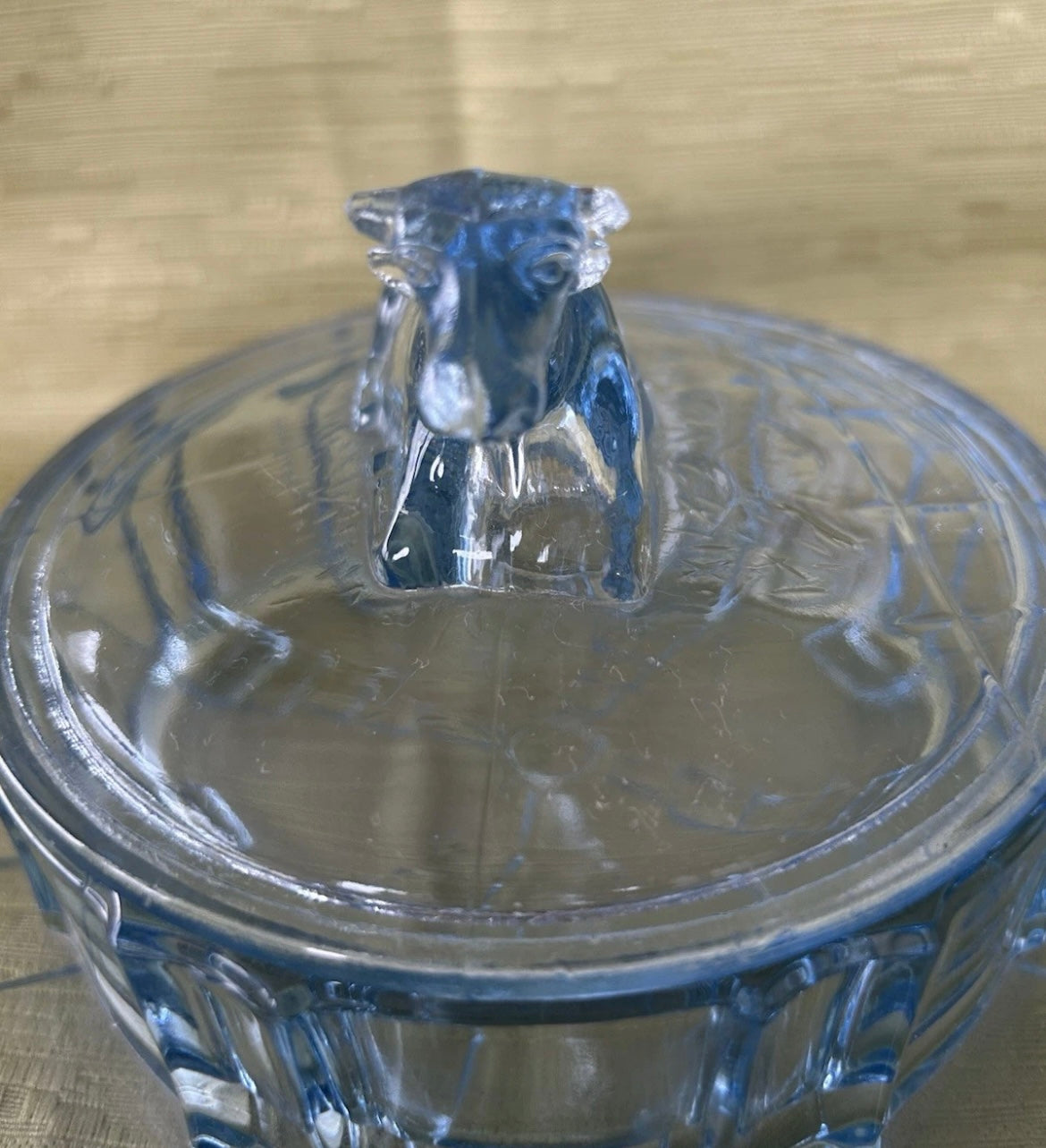 Rare Blue Glass Round Butter Dish Cow 1930’s Art Deco by Stolze Heřmanova Hut
