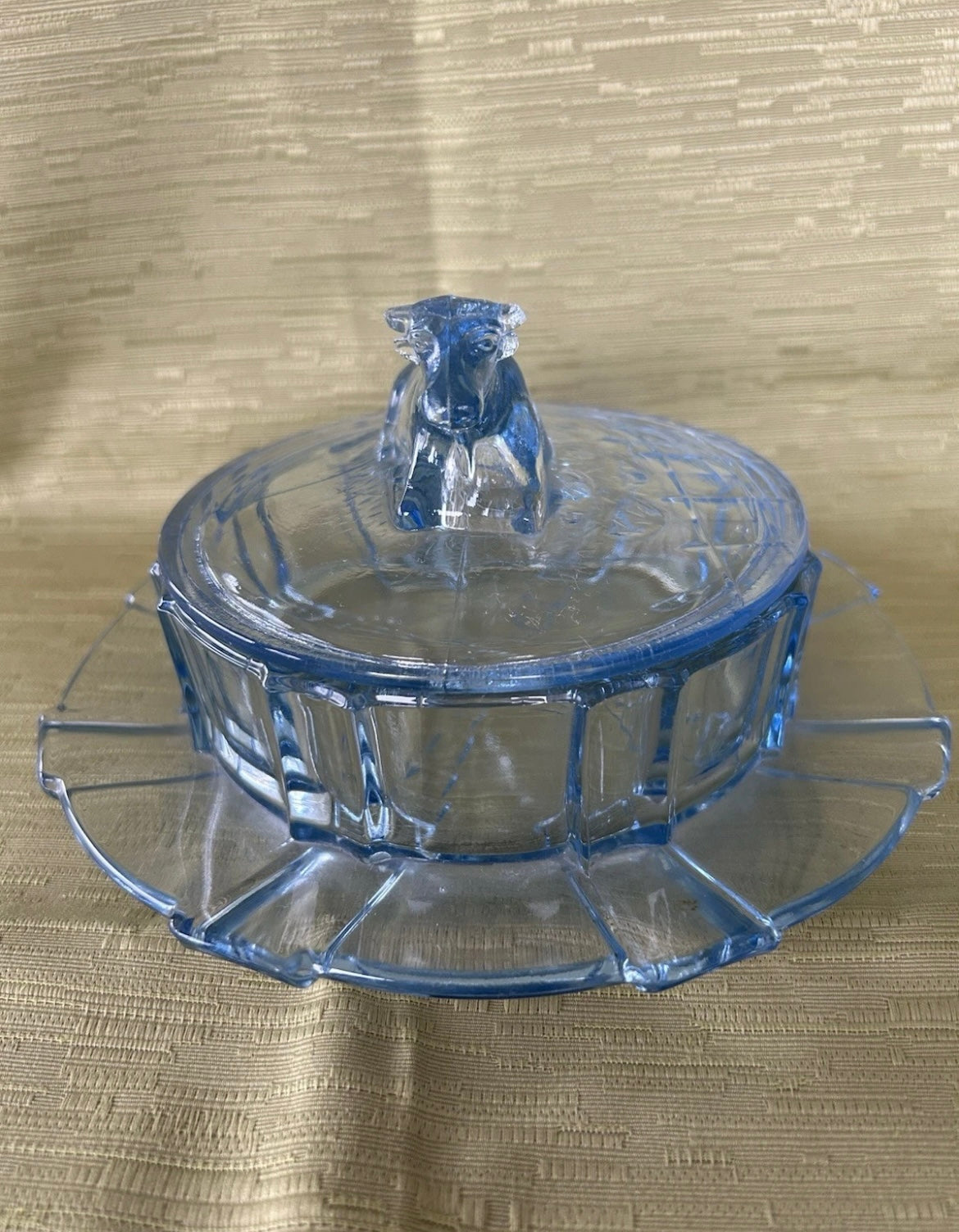 Rare Blue Glass Round Butter Dish Cow 1930’s Art Deco by Stolze Heřmanova Hut