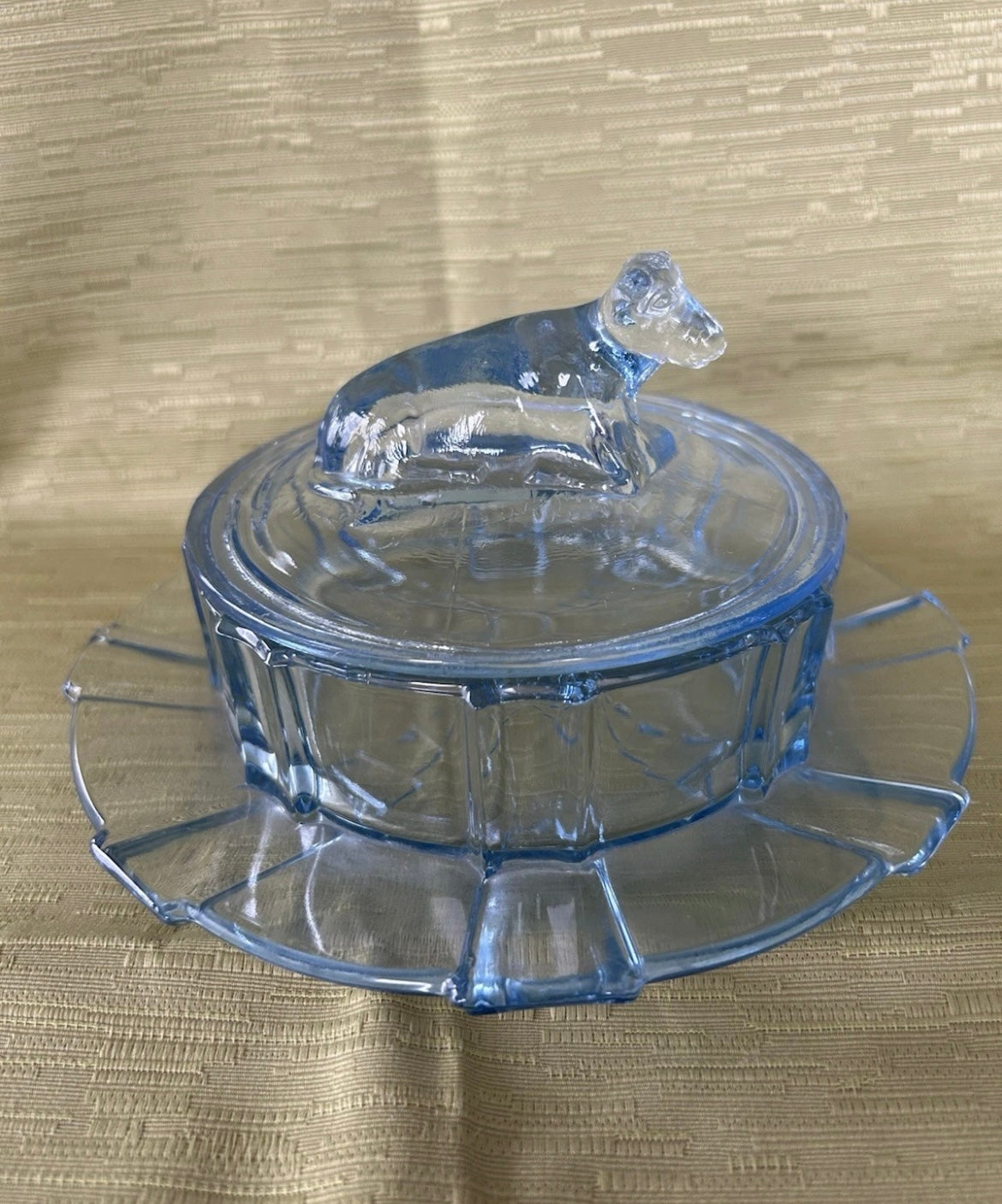 Rare Blue Glass Round Butter Dish Cow 1930’s Art Deco by Stolze Heřmanova Hut