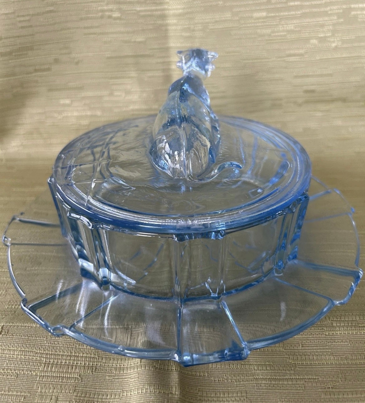 Rare Blue Glass Round Butter Dish Cow 1930’s Art Deco by Stolze Heřmanova Hut
