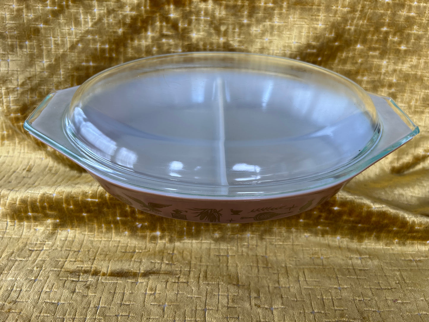 Vintage Pyrex Brown / Gold Divided Casserole Dish with Clear Lid 1950 USA
