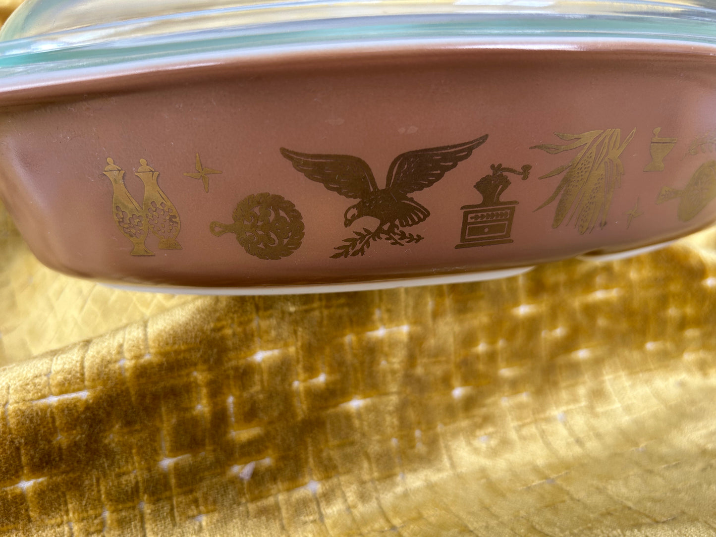 Vintage Pyrex Brown / Gold Divided Casserole Dish with Clear Lid 1950 USA