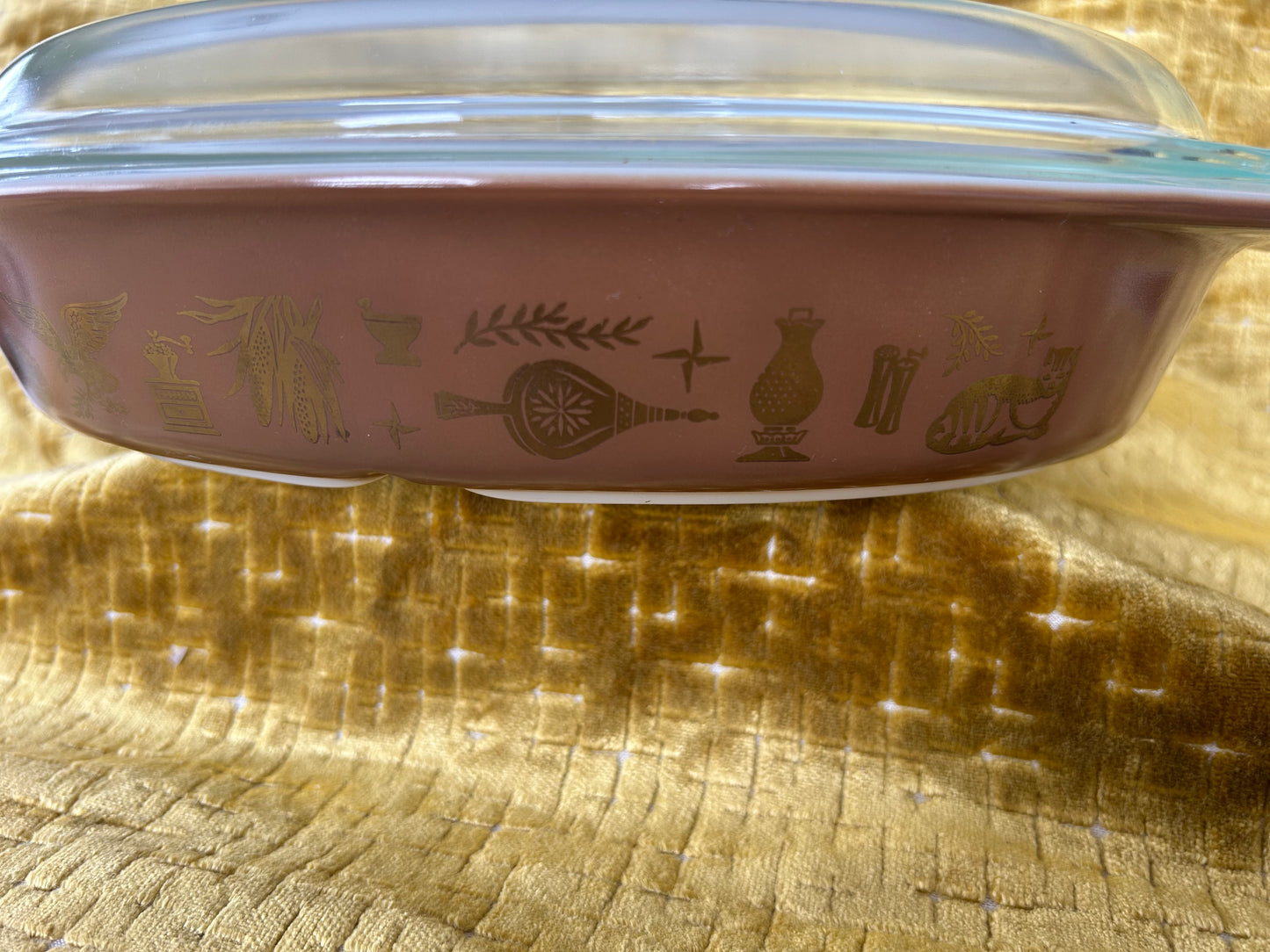 Vintage Pyrex Brown / Gold Divided Casserole Dish with Clear Lid 1950 USA