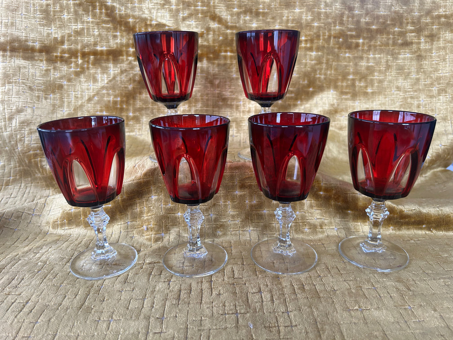 6 Vintage Retro Ruby Red Cristal D'Arques Gothic Arch Stemmed Wine Glasses