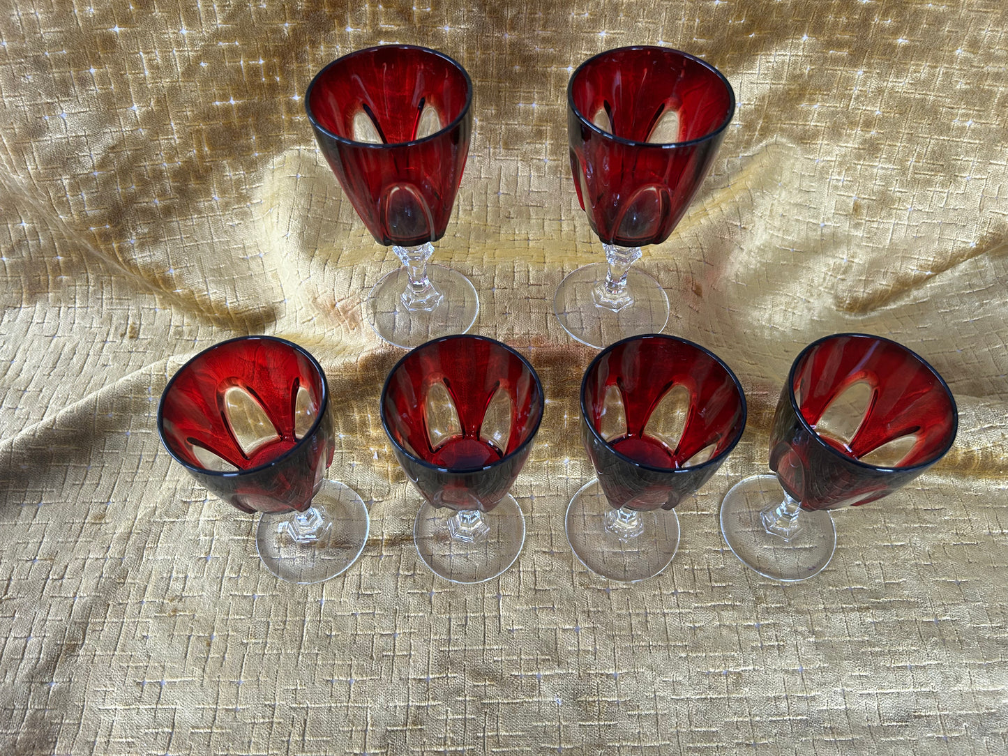 6 Vintage Retro Ruby Red Cristal D'Arques Gothic Arch Stemmed Wine Glasses