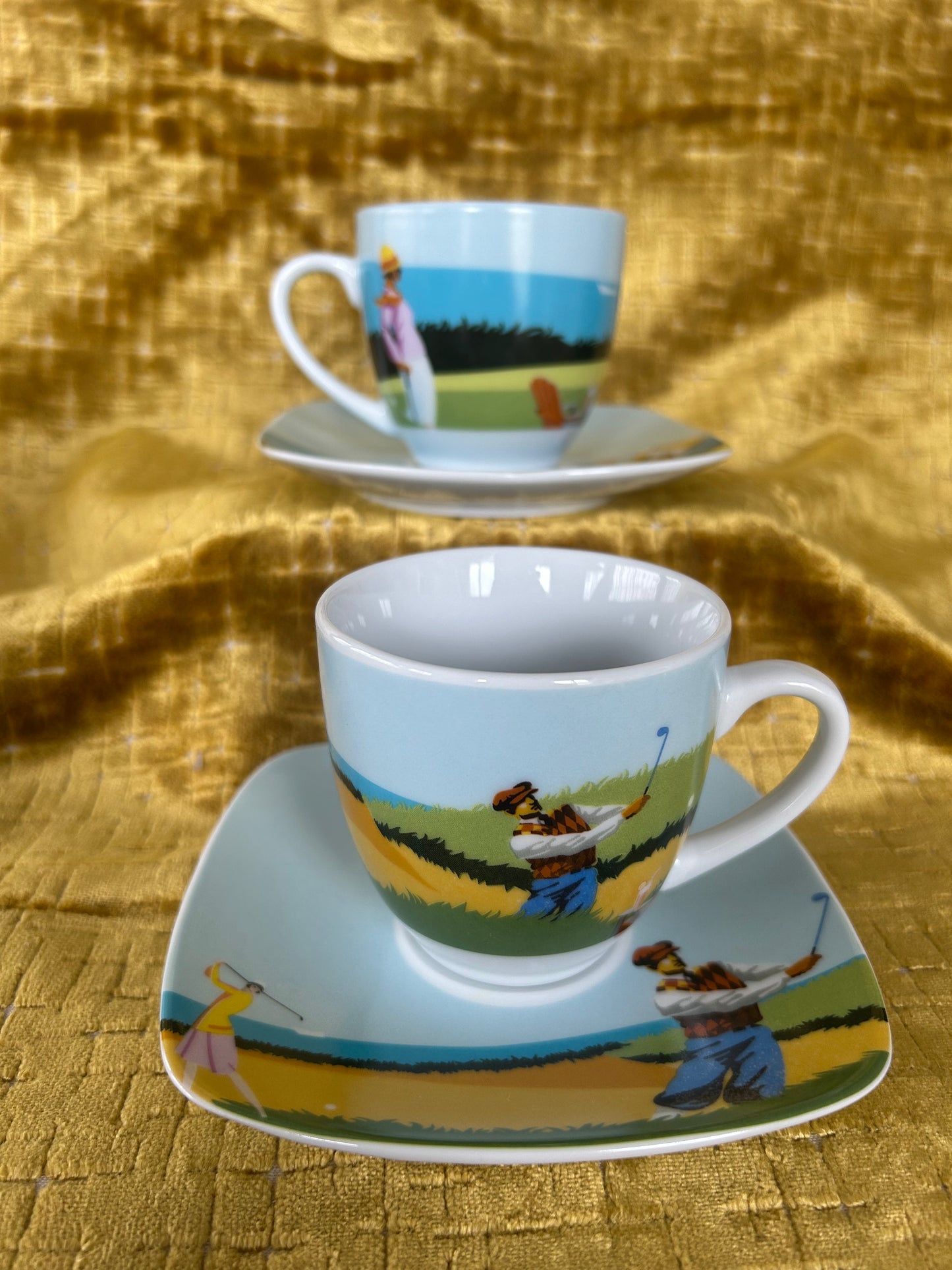 Rare Pair Of Finecasas Coffee Cups and Saucers in a Golf Design