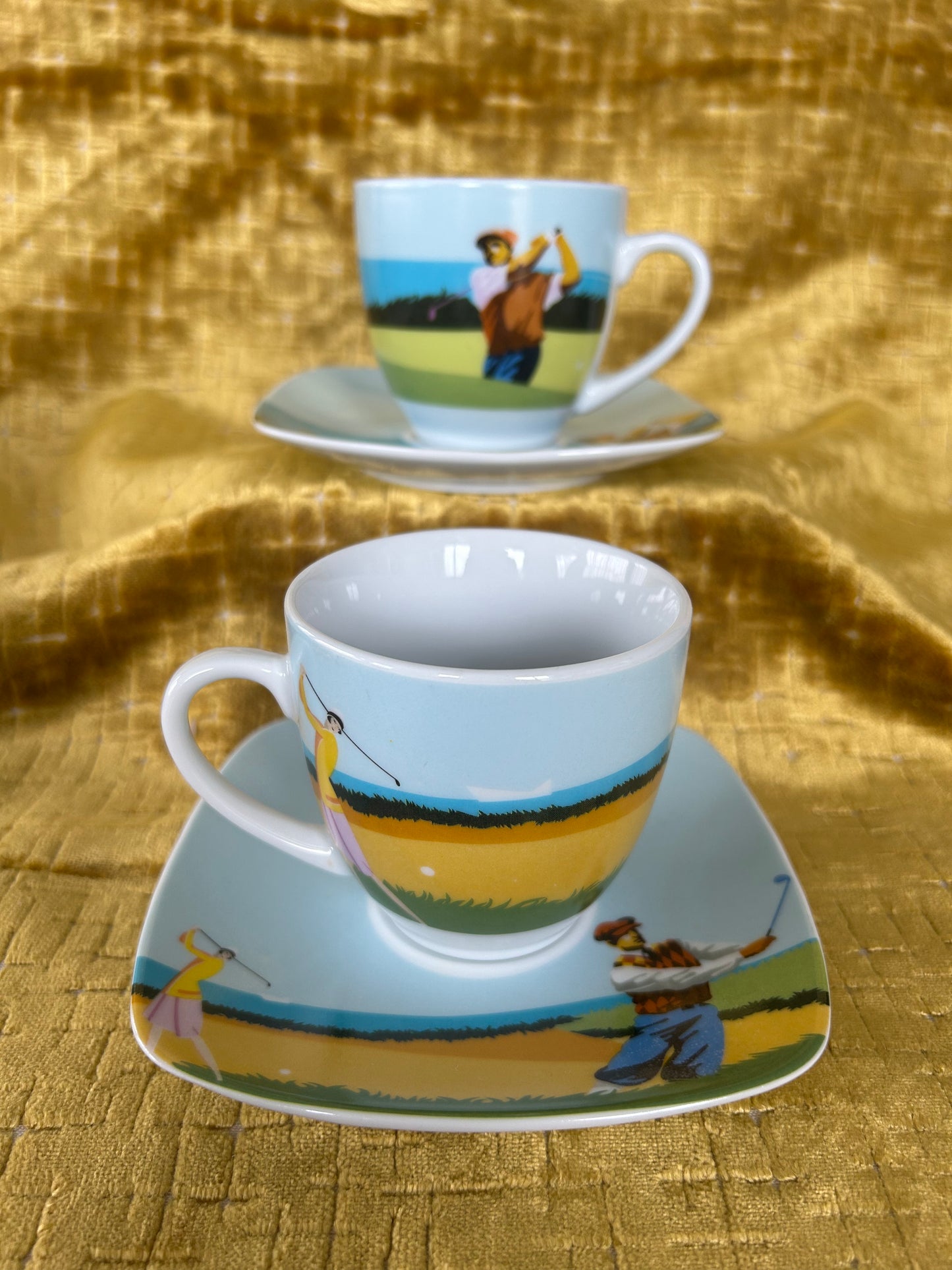 Rare Pair Of Finecasas Coffee Cups and Saucers in a Golf Design