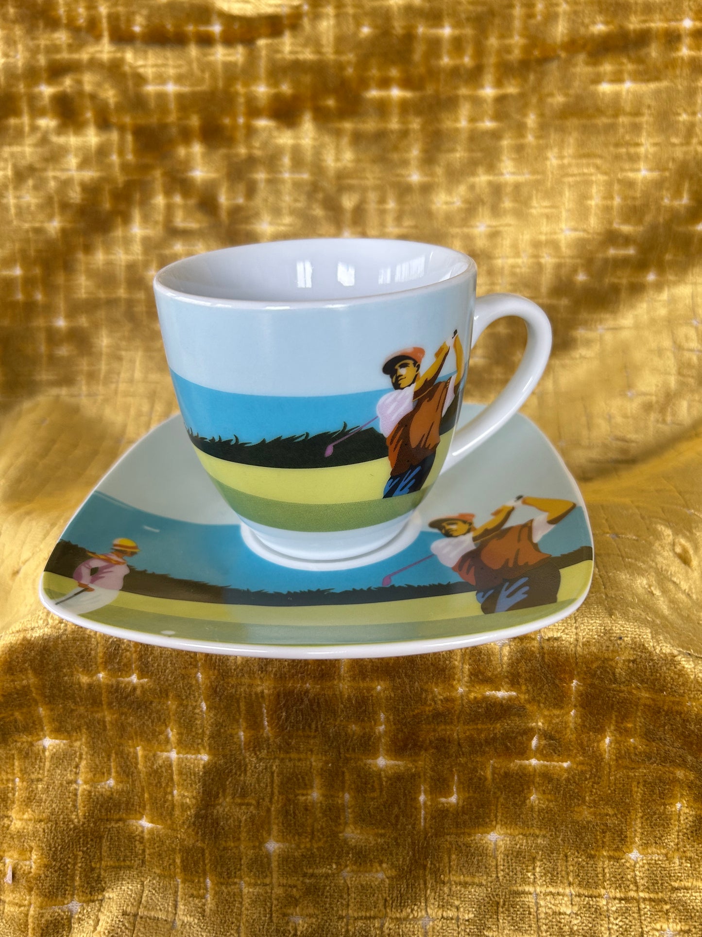 Rare Pair Of Finecasas Coffee Cups and Saucers in a Golf Design