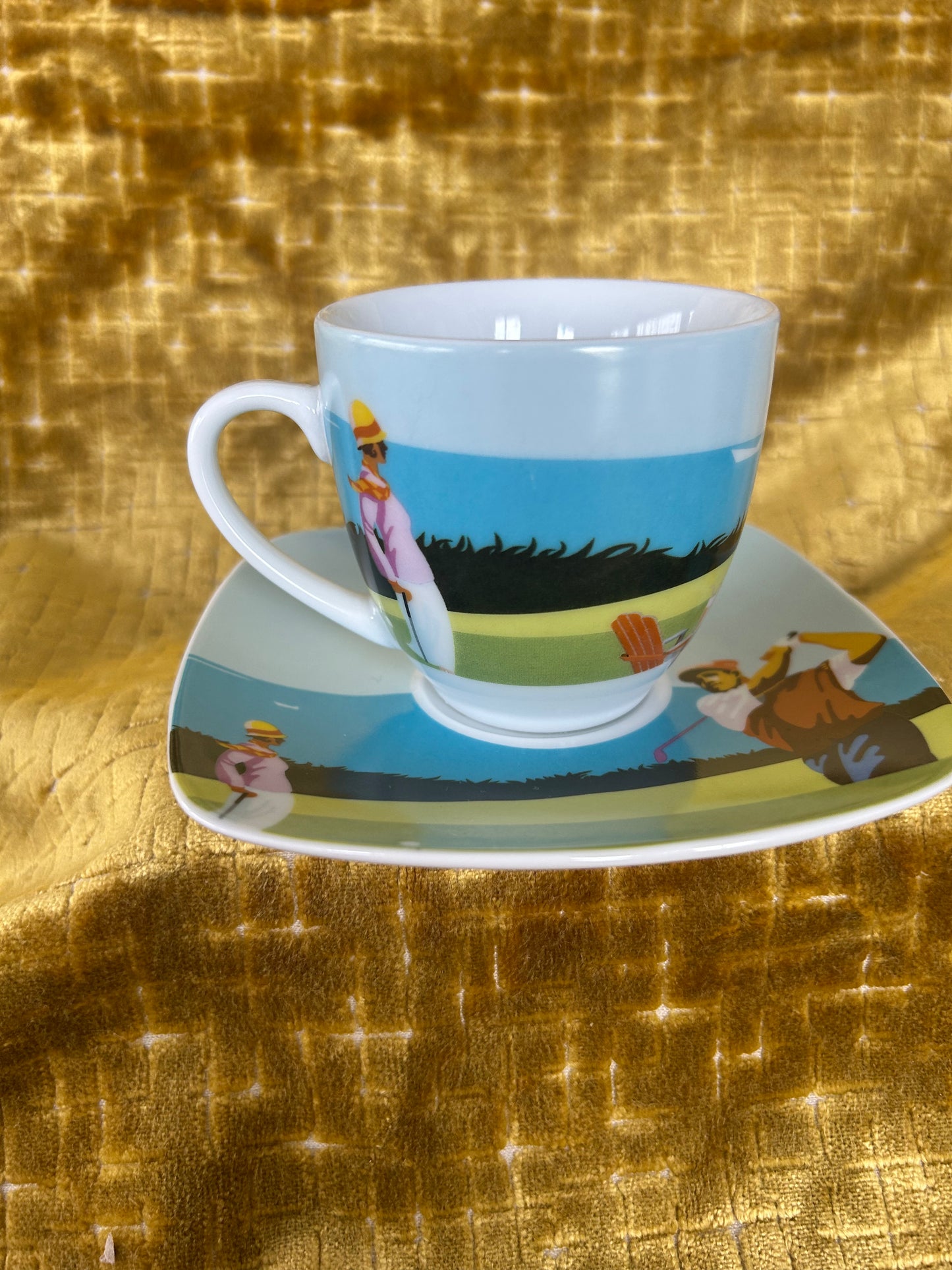 Rare Pair Of Finecasas Coffee Cups and Saucers in a Golf Design