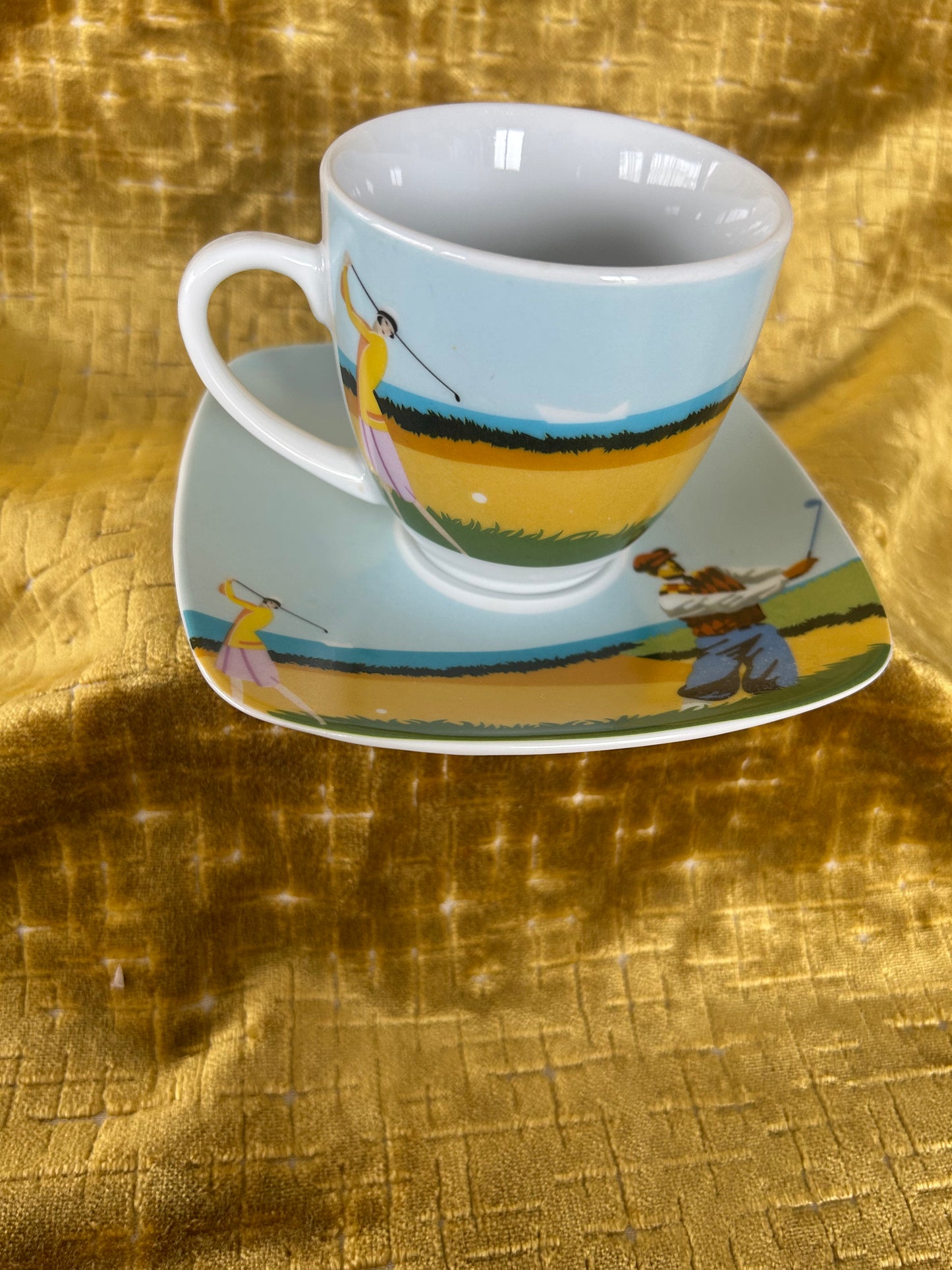 Rare Pair Of Finecasas Coffee Cups and Saucers in a Golf Design