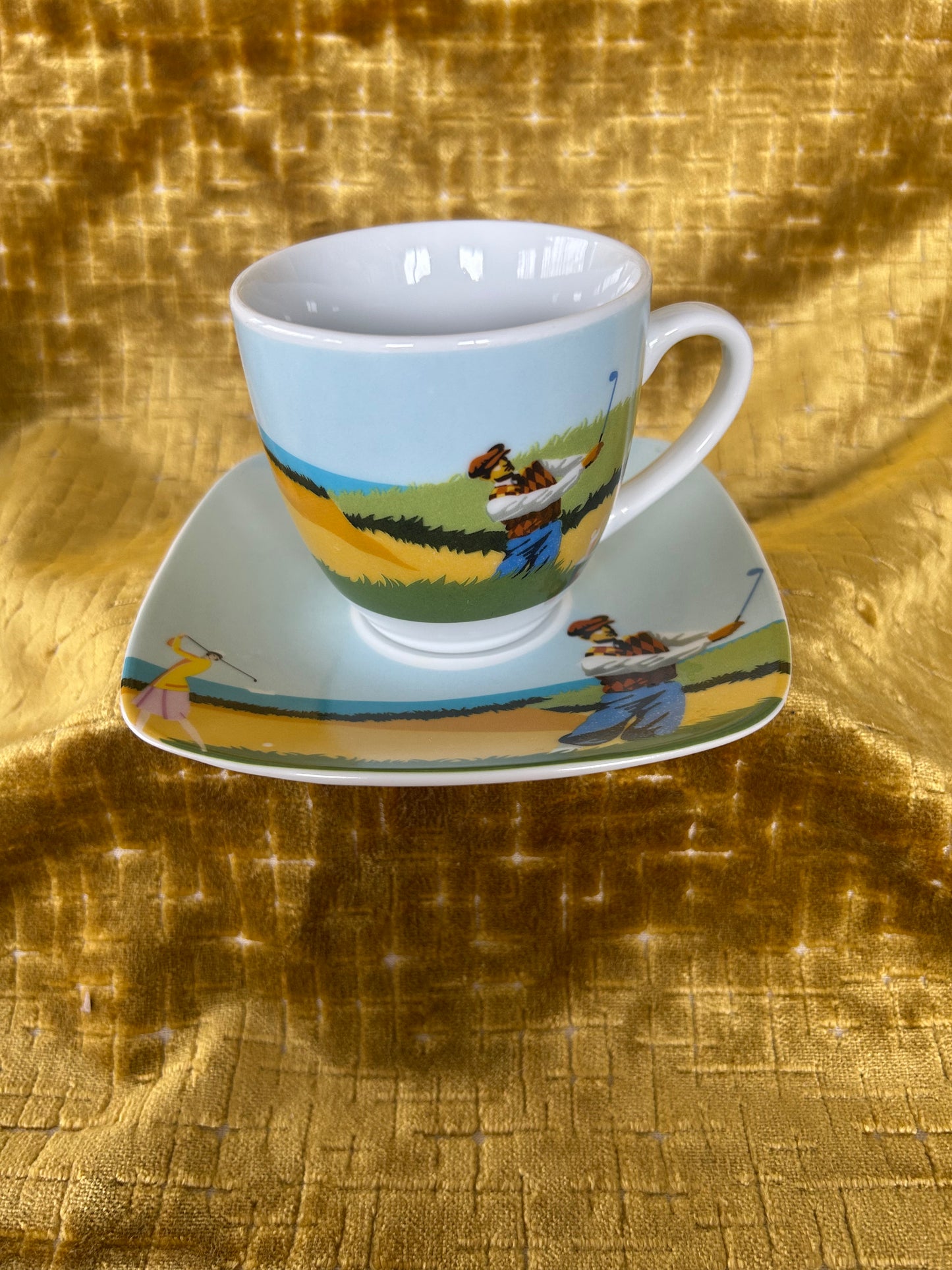 Rare Pair Of Finecasas Coffee Cups and Saucers in a Golf Design