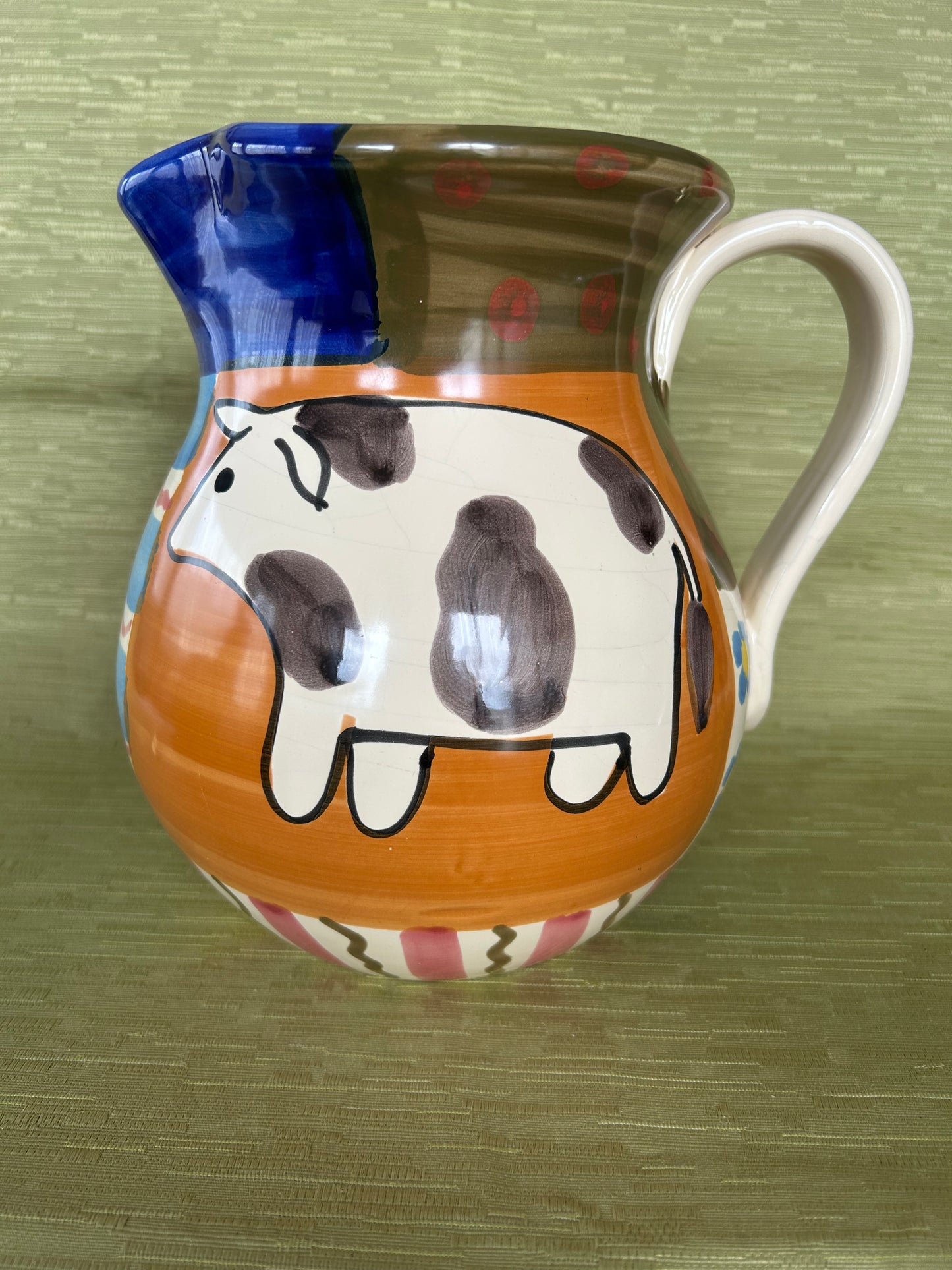Vintage Italian Hand Painted Pottery Farm Animals Patterned Jug Pitcher