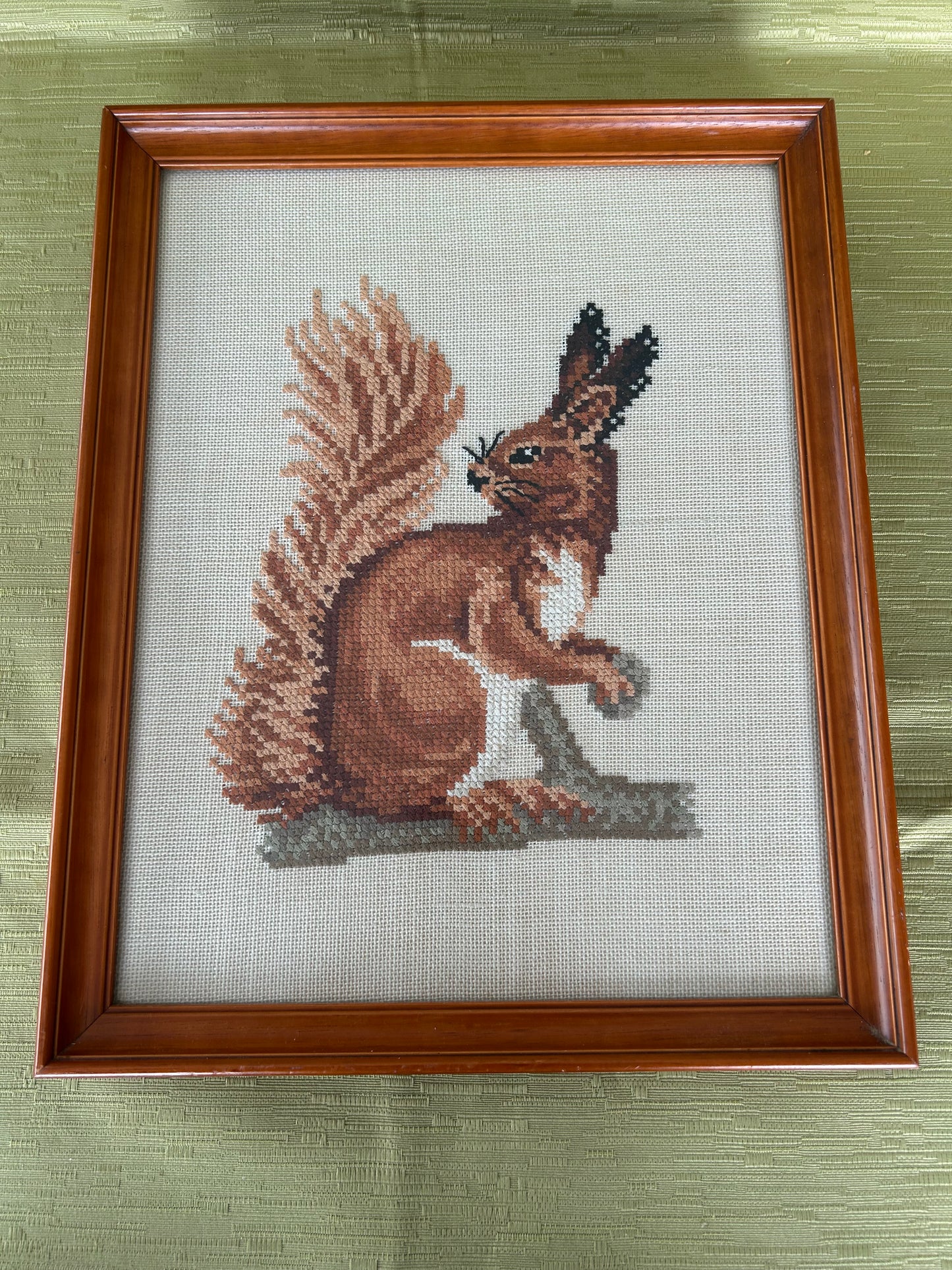 Stunning Cross Stitch of a Red Squirrel Medium Tone Frame